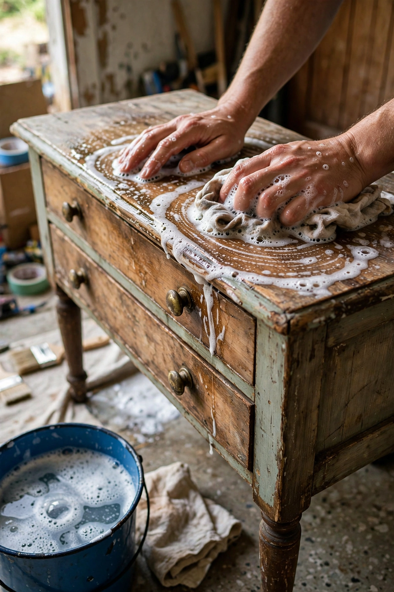 Cleaning a thrifted wooden console table with soapy water and rag