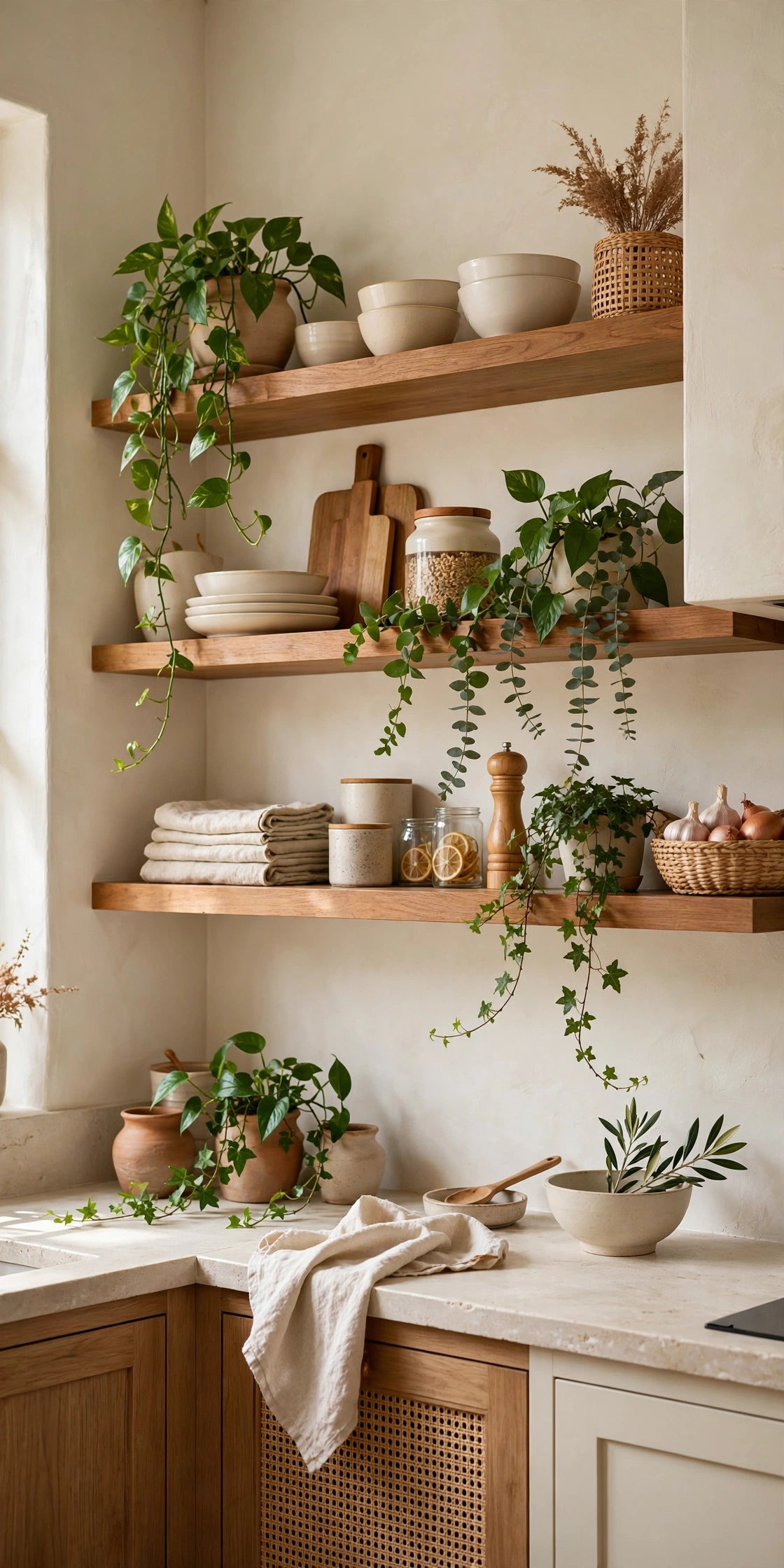 Kitchen shelves styled in cream and warm wood tones with green plants