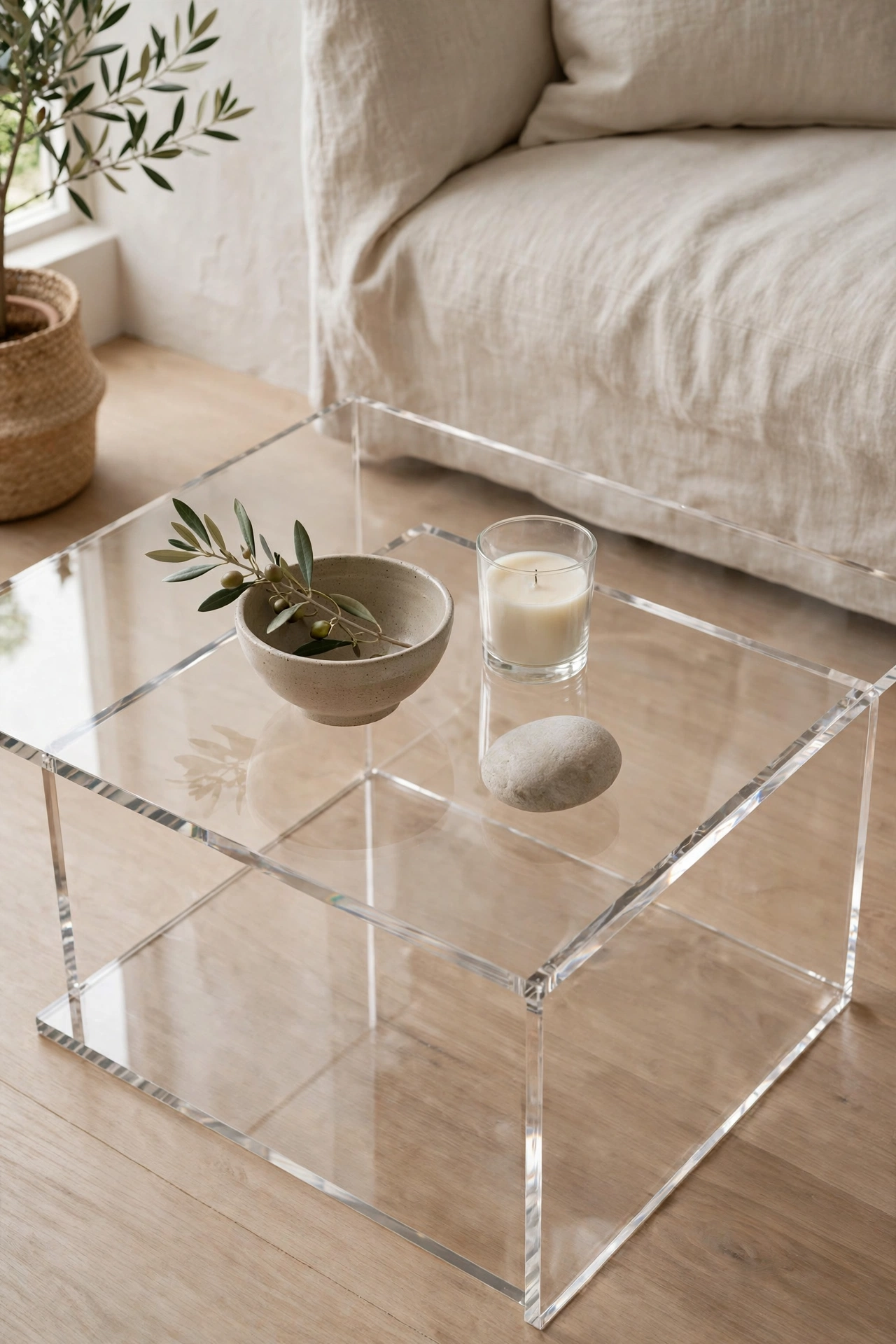 A clear styled coffee table with only a few curated items