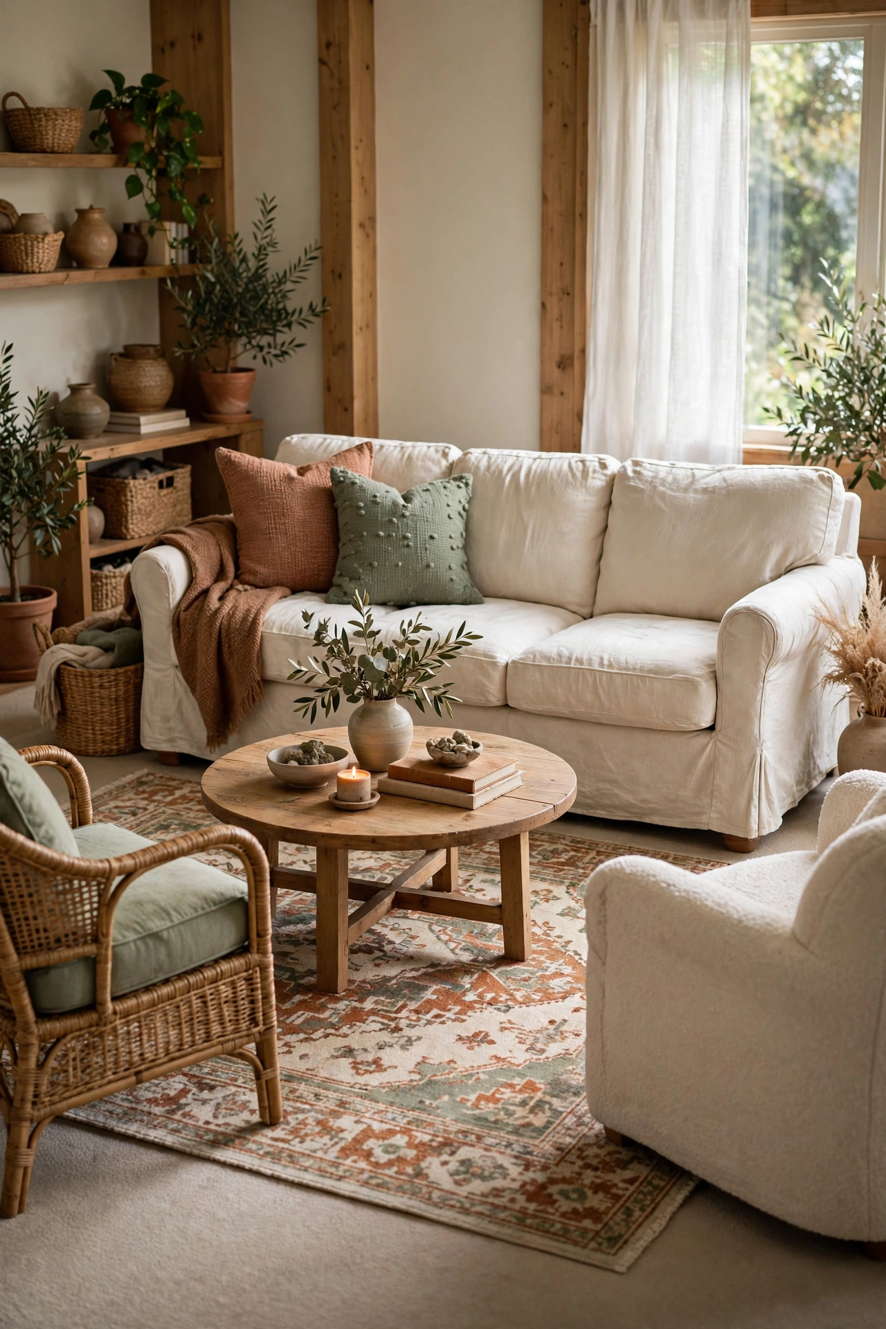 Sofa with warm white slipcover and large patterned rug layered over beige carpet
