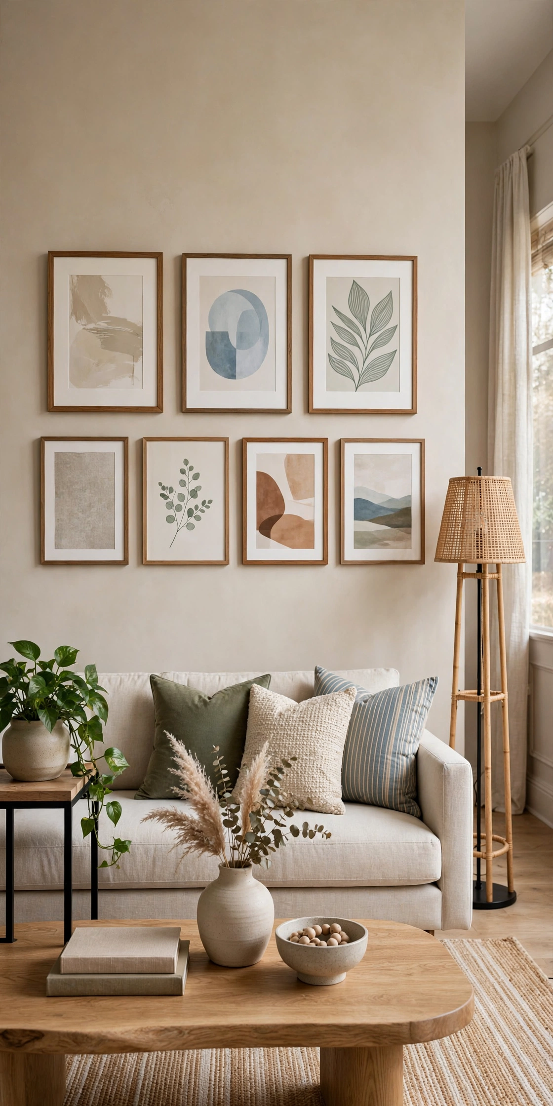 Gallery wall hung above a sofa at the correct eye-level height