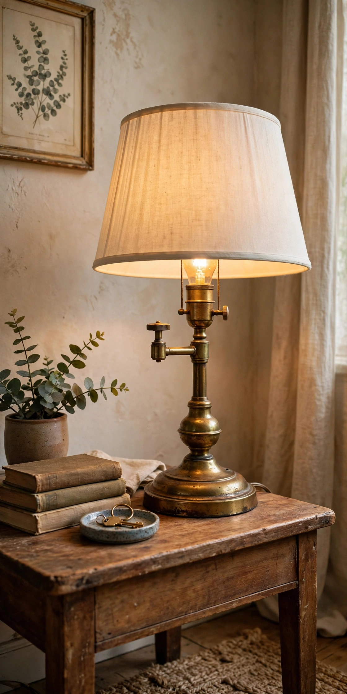 Vintage brass table lamp glowing warmly on a side table, thrifted find