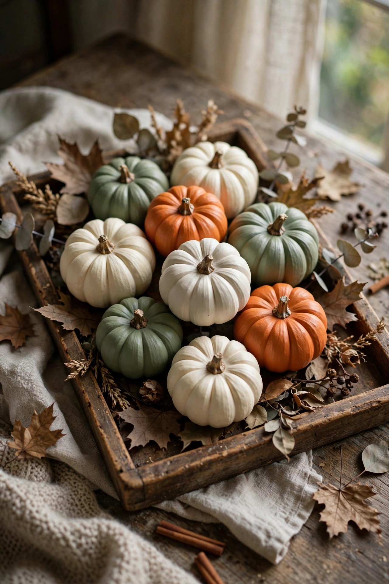 Mini pumpkins painted matte cream, sage green and dusty orange on a wooden tray with dried leaves