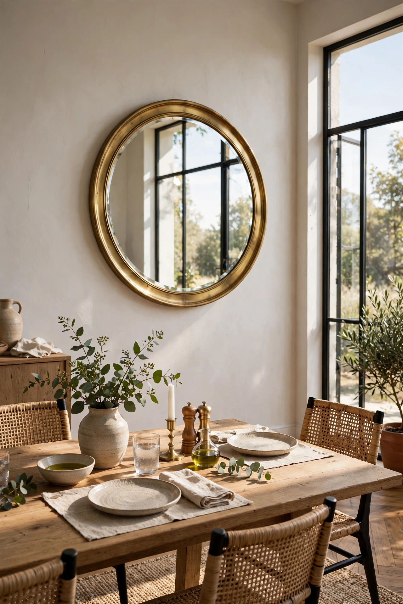 Round brass mirror on a dining room wall opposite the window, reflecting daylight