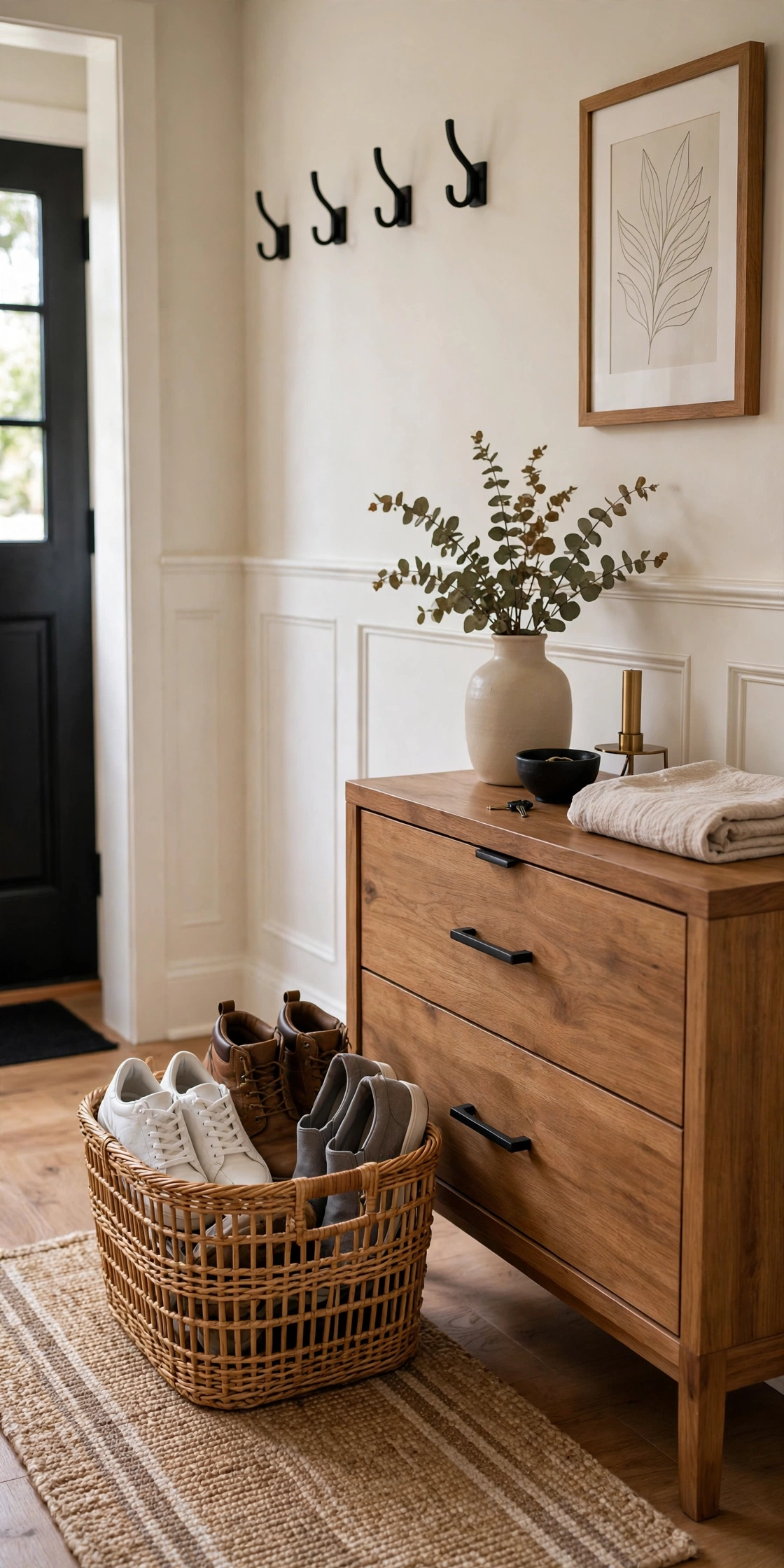 Woven basket holding shoes neatly beside a console table