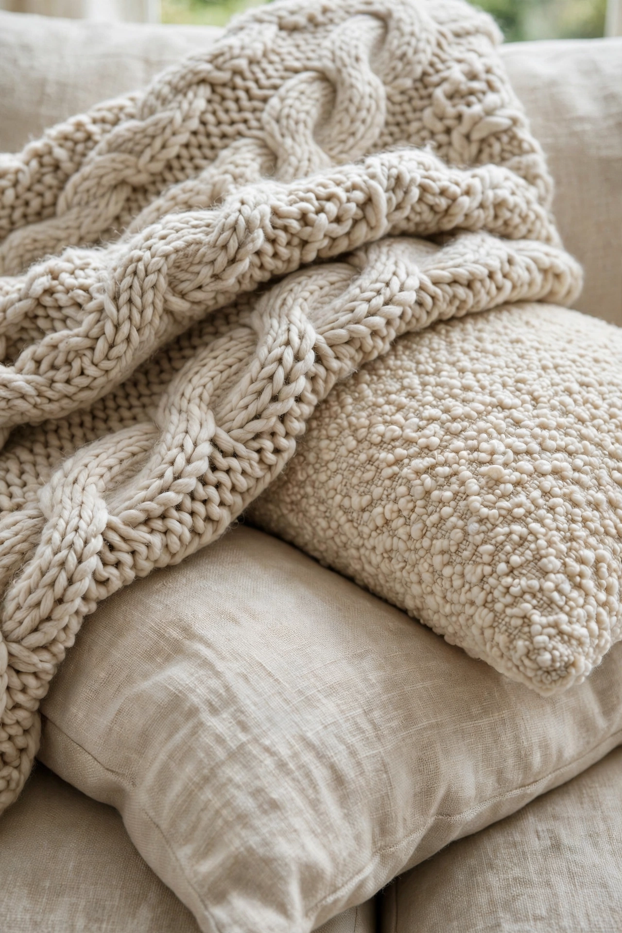 Close-up of layered knit throw blanket and boucle cushions in cream tones on a sofa