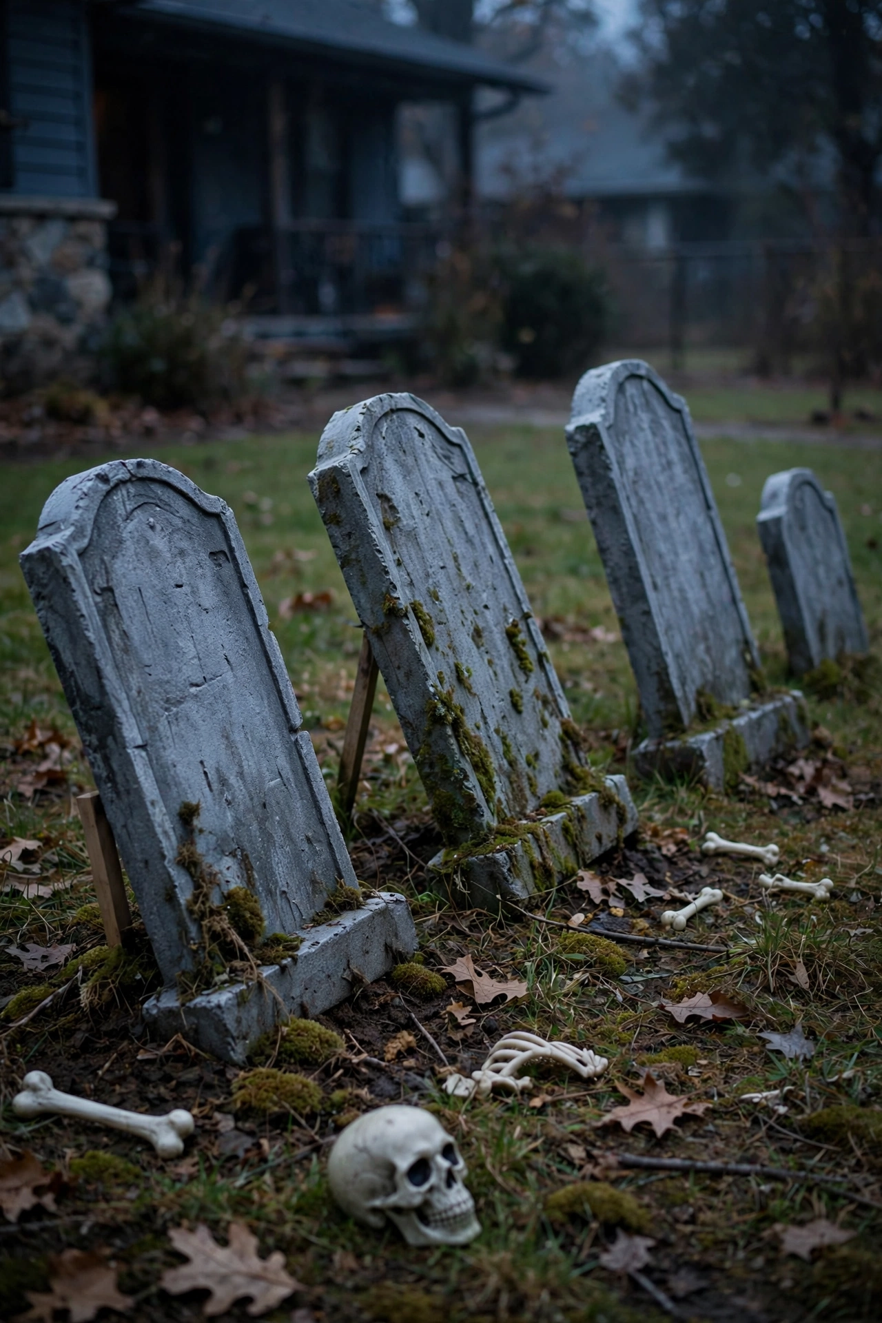Weathered gray foam tombstones with moss accents staked in a front yard at dusk