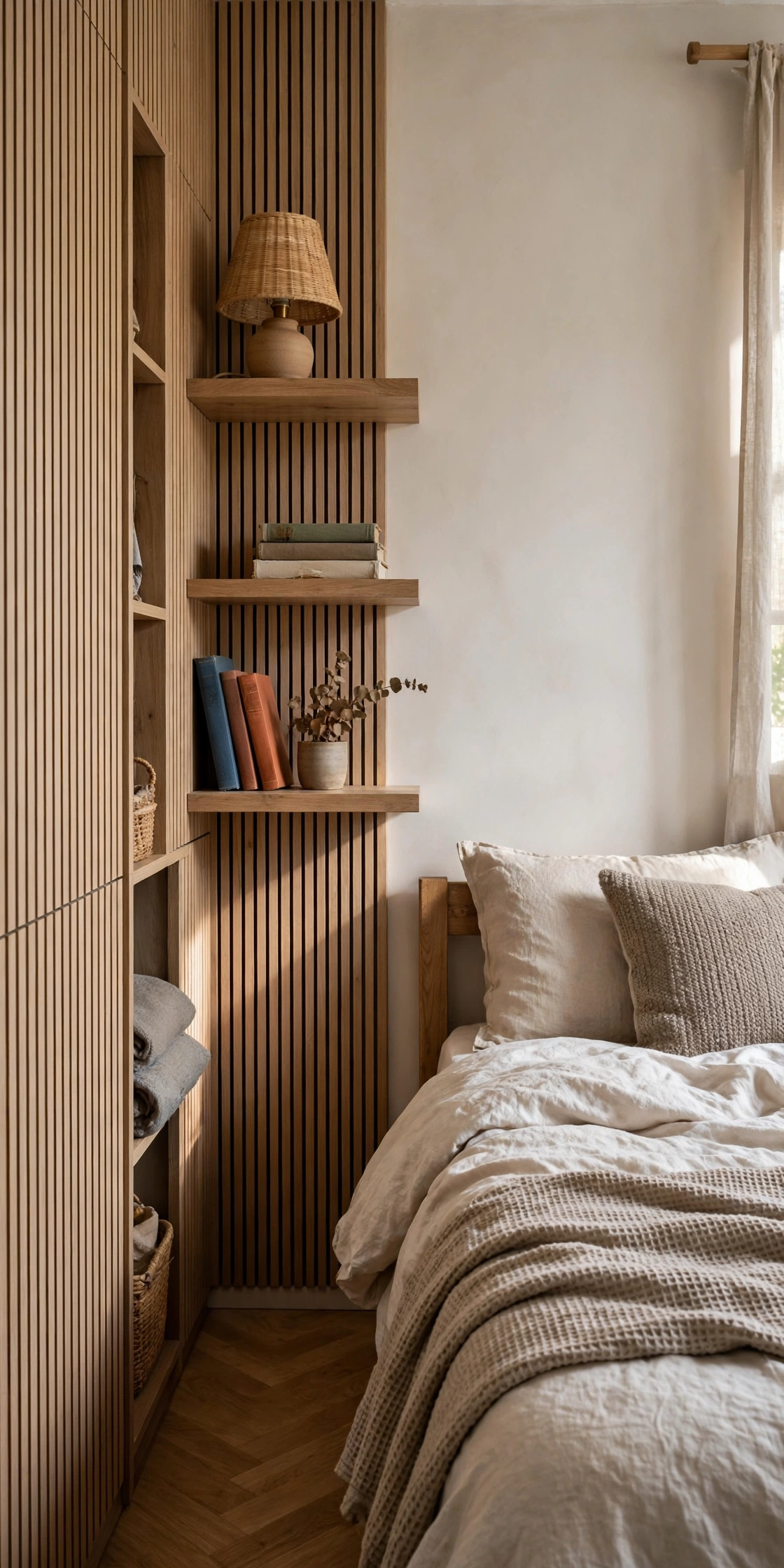 Floating shelves beside a bed holding a lamp and books, vertical bedroom storage