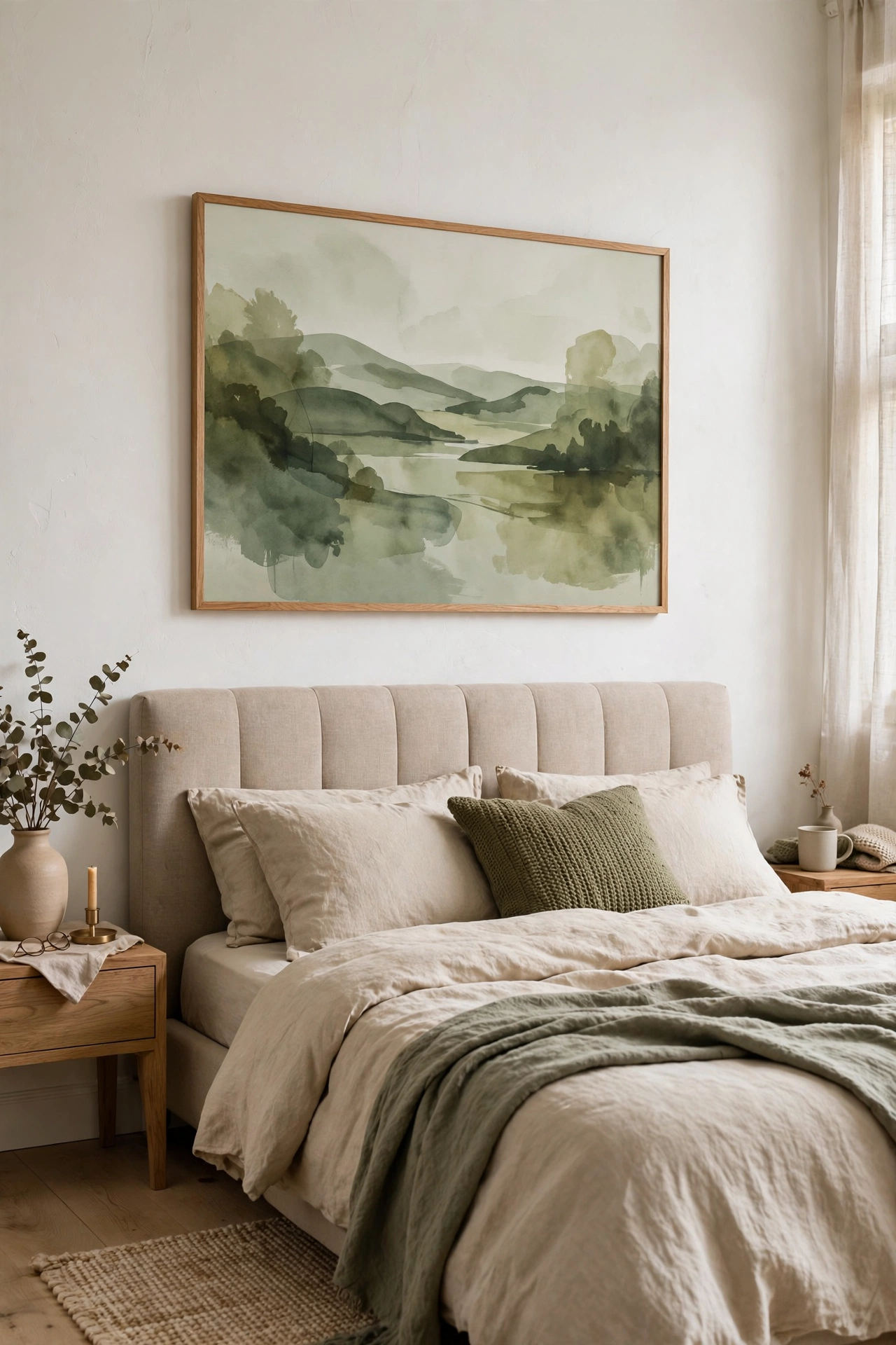 Bedroom wall painted warm white with oak-framed abstract print above the bed