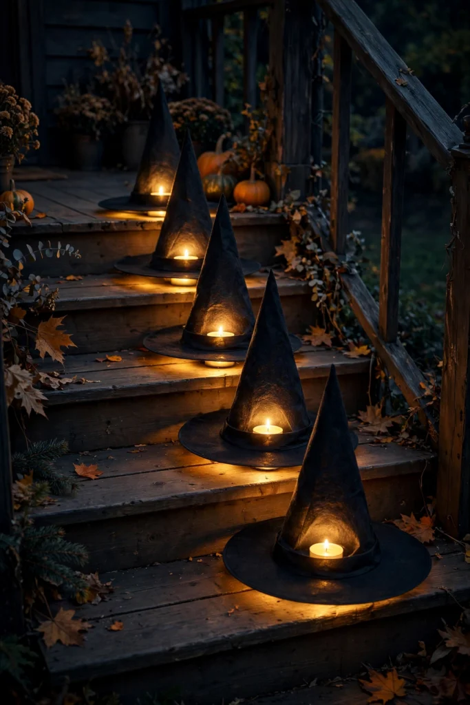 Pointy black witch hats with glowing tea lights inside, lined along porch steps at night