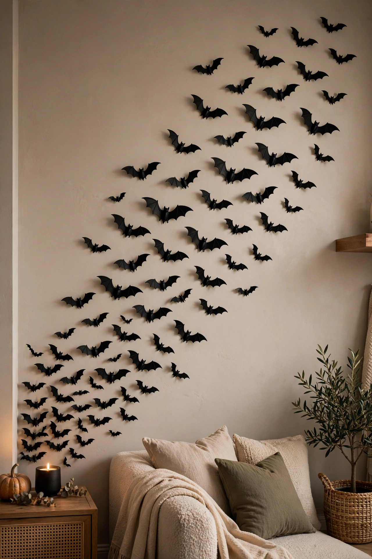 Small black plastic bats arranged in a flying swarm pattern climbing up a living room wall