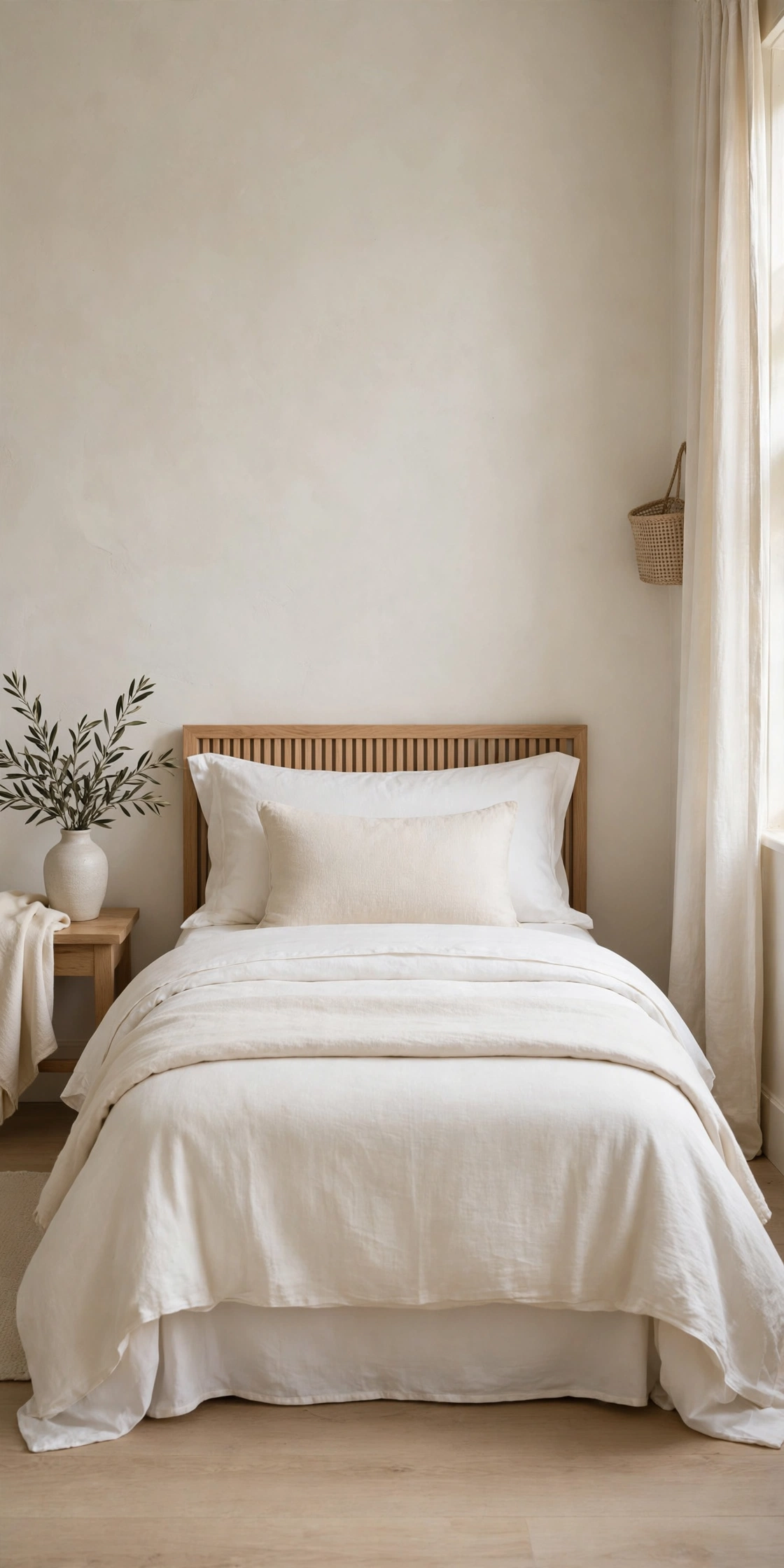 Small bed with simple white and cream bedding, one lumbar pillow, calm and tailored