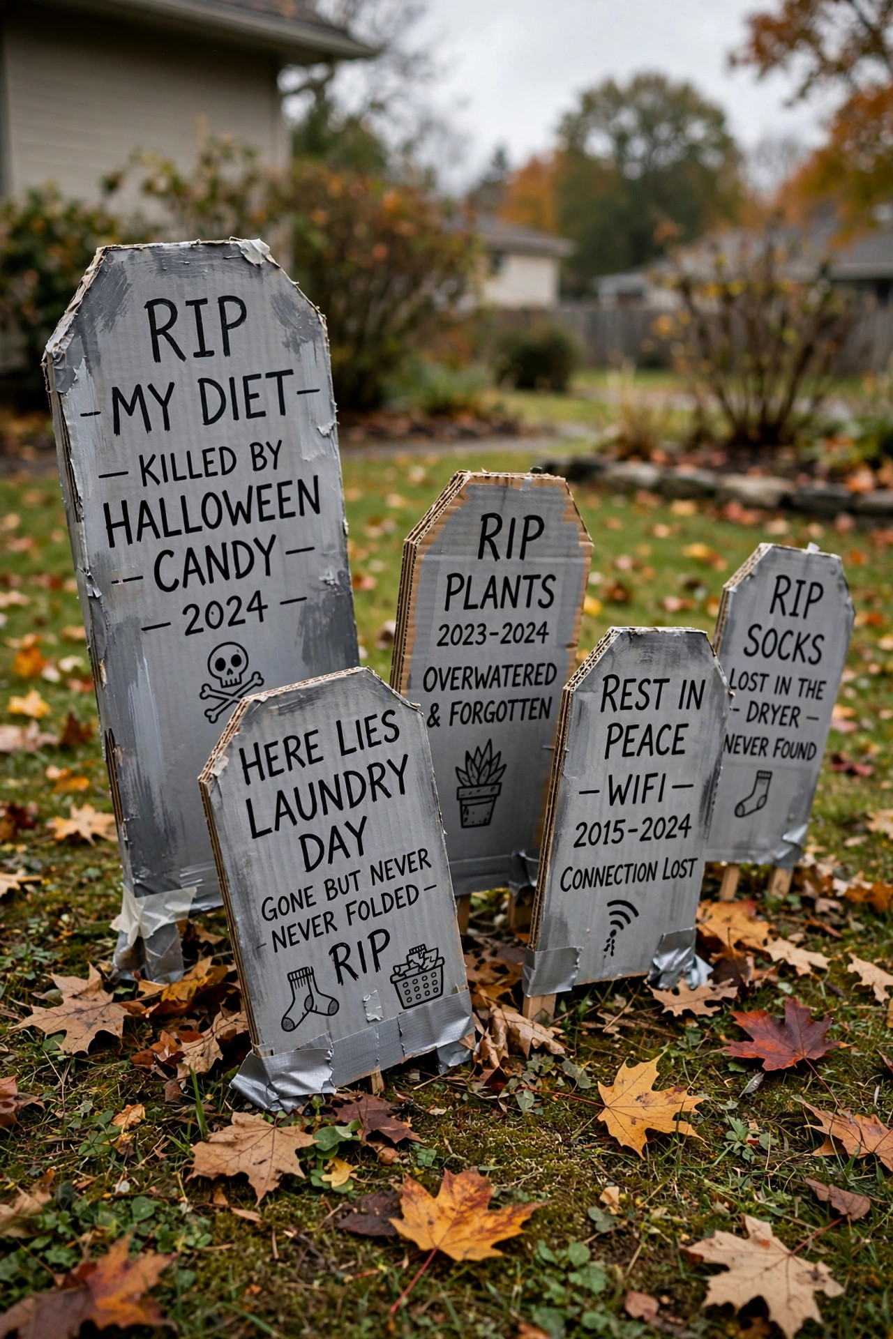 Handmade cardboard tombstones with funny epitaphs in a DIY Halloween graveyard