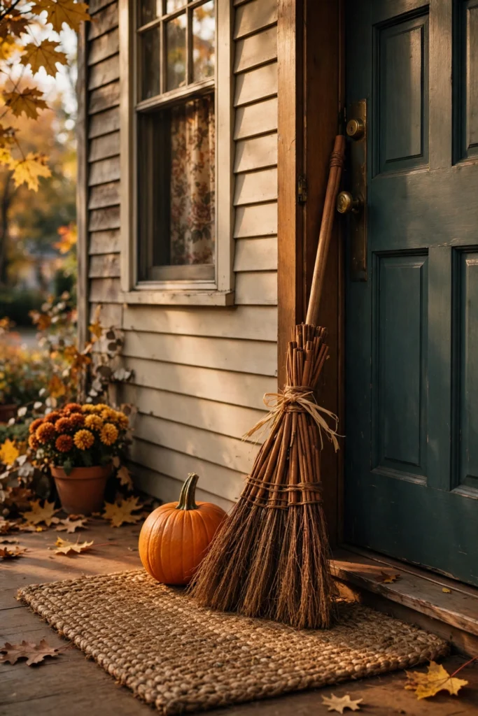 Decorative cinnamon broom leaning by a front door next to a pumpkin and woven doormat
