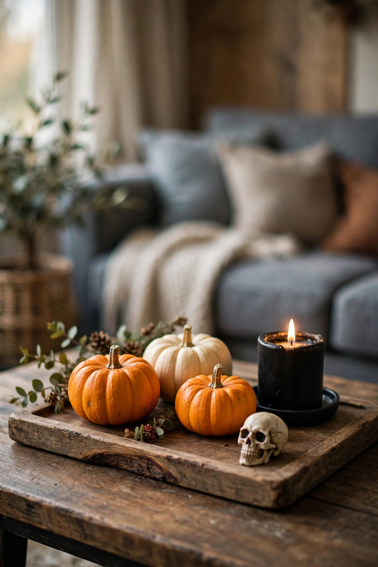 Coffee table tray with mini pumpkins, a candle, and a small skull