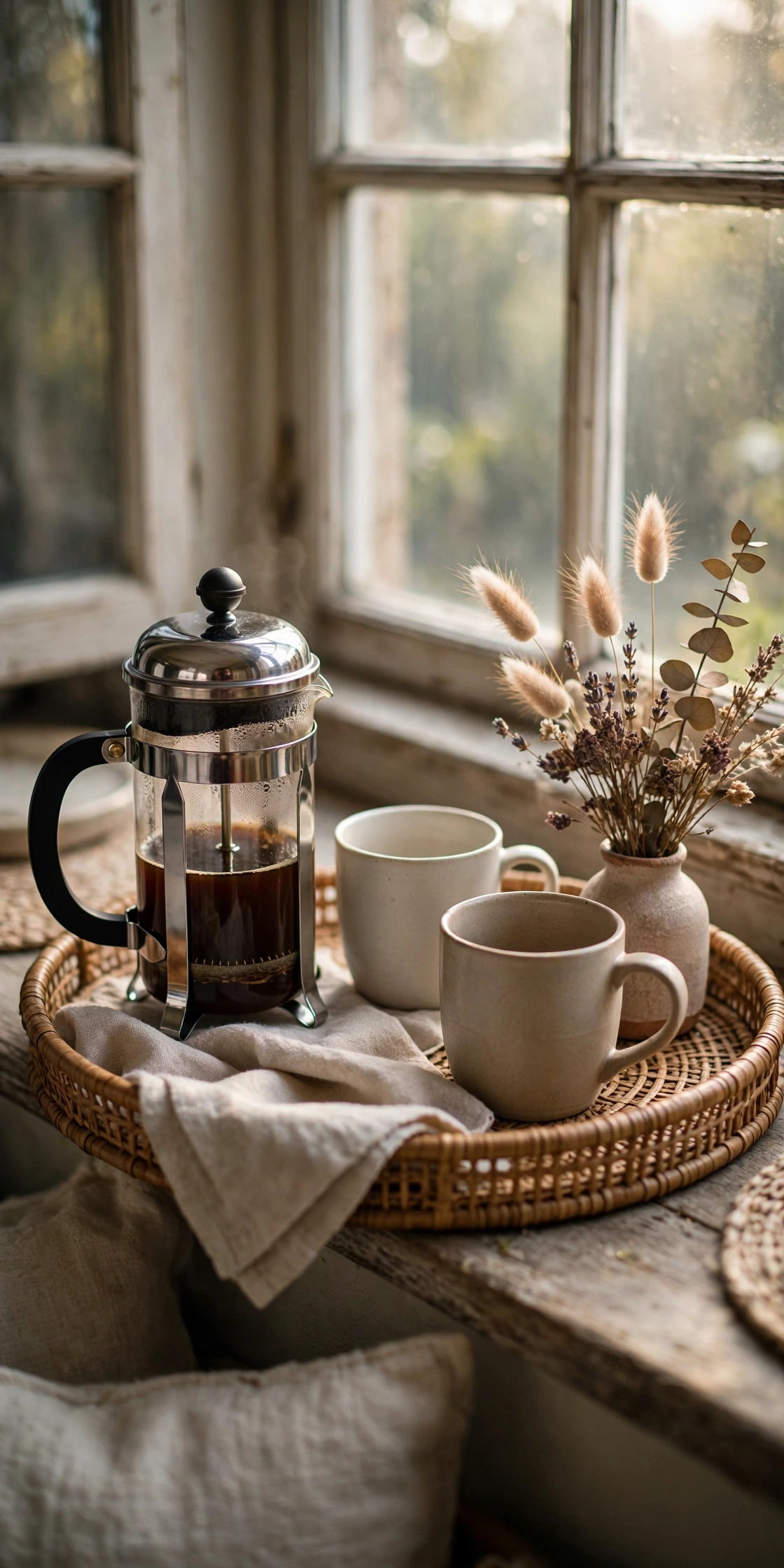 Coffee station tray with French press, two mugs and a small vase on a windowsill