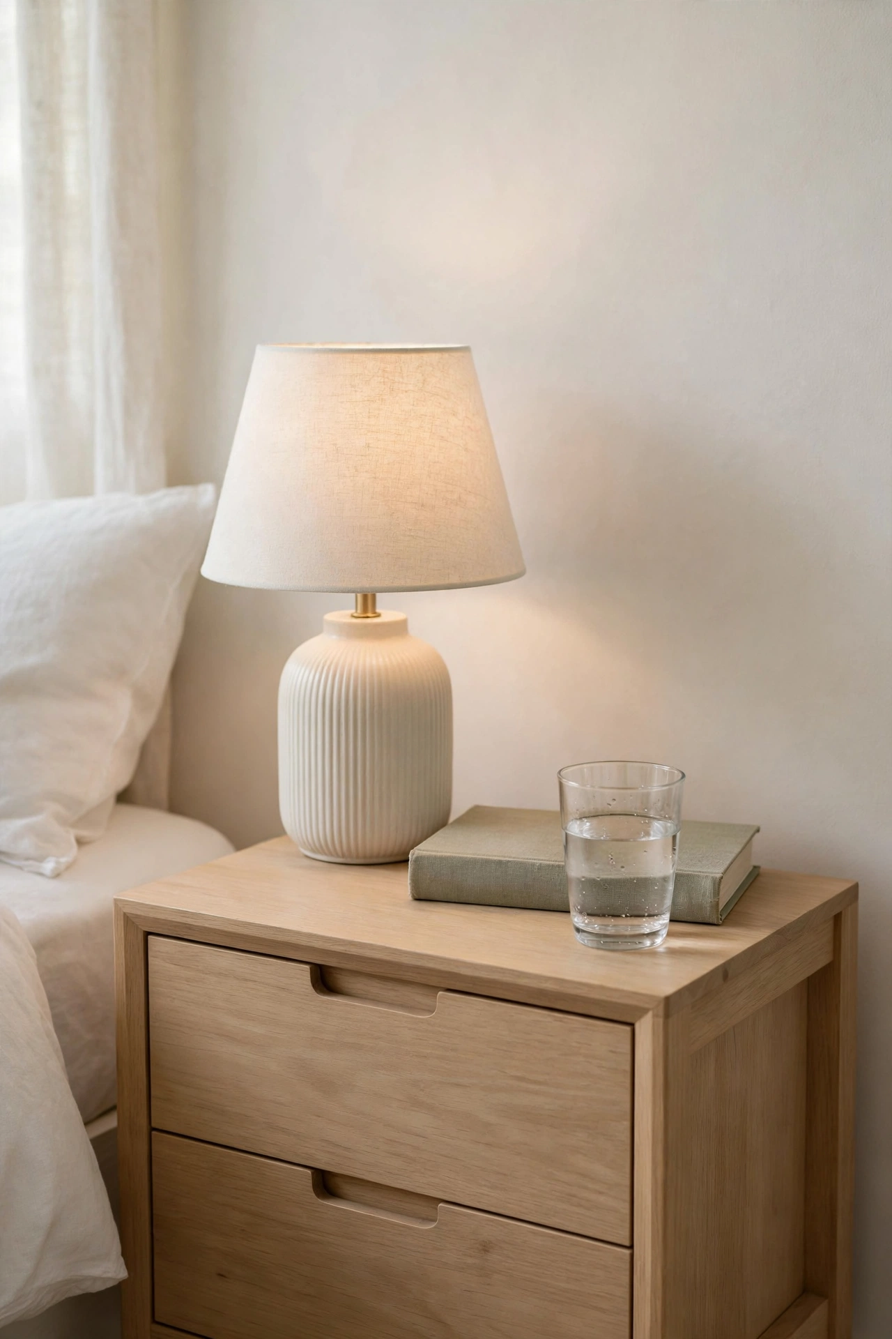Minimal clear nightstand with lamp, book and water glass only