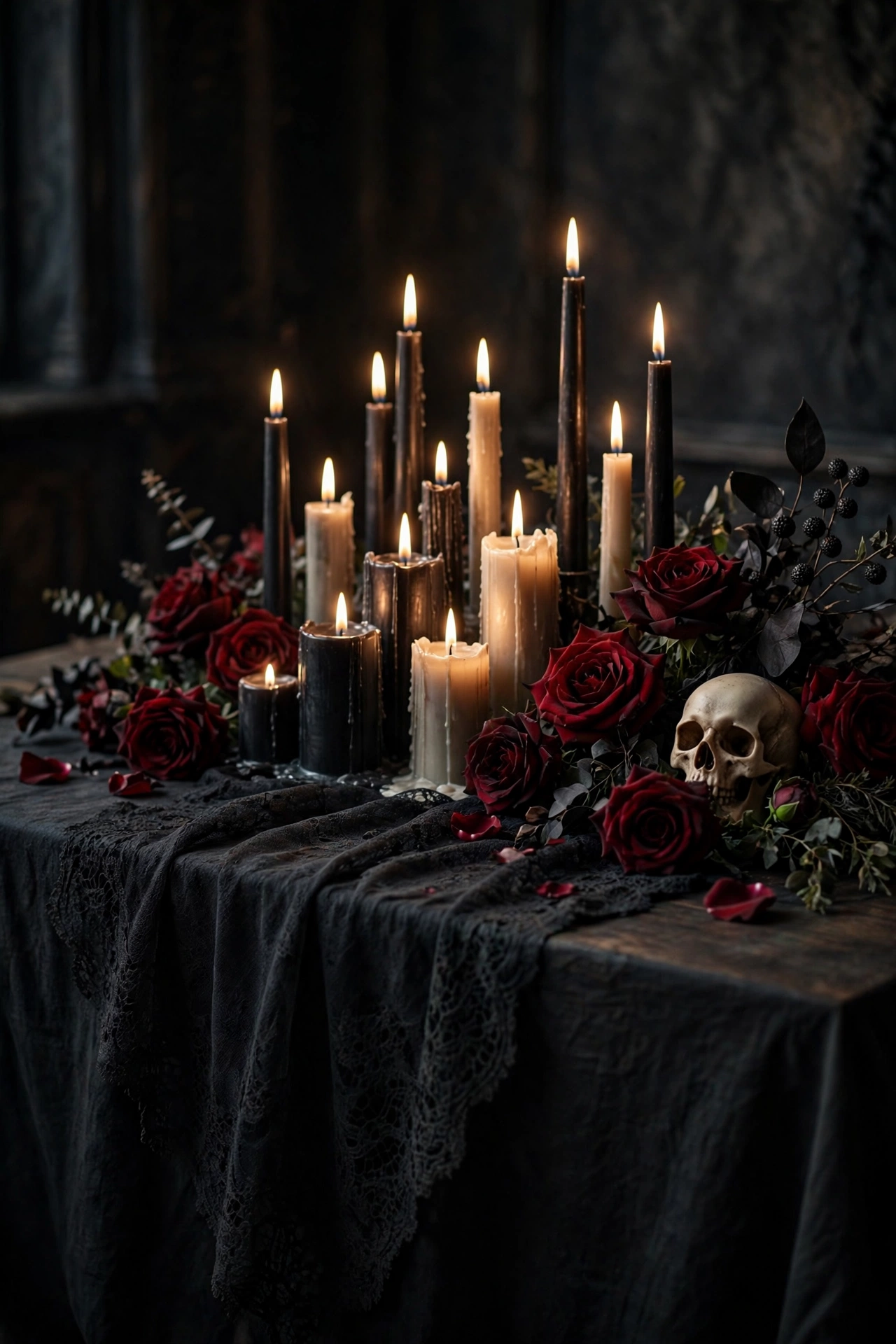 Dining table with black lace runner and clustered candles of different heights