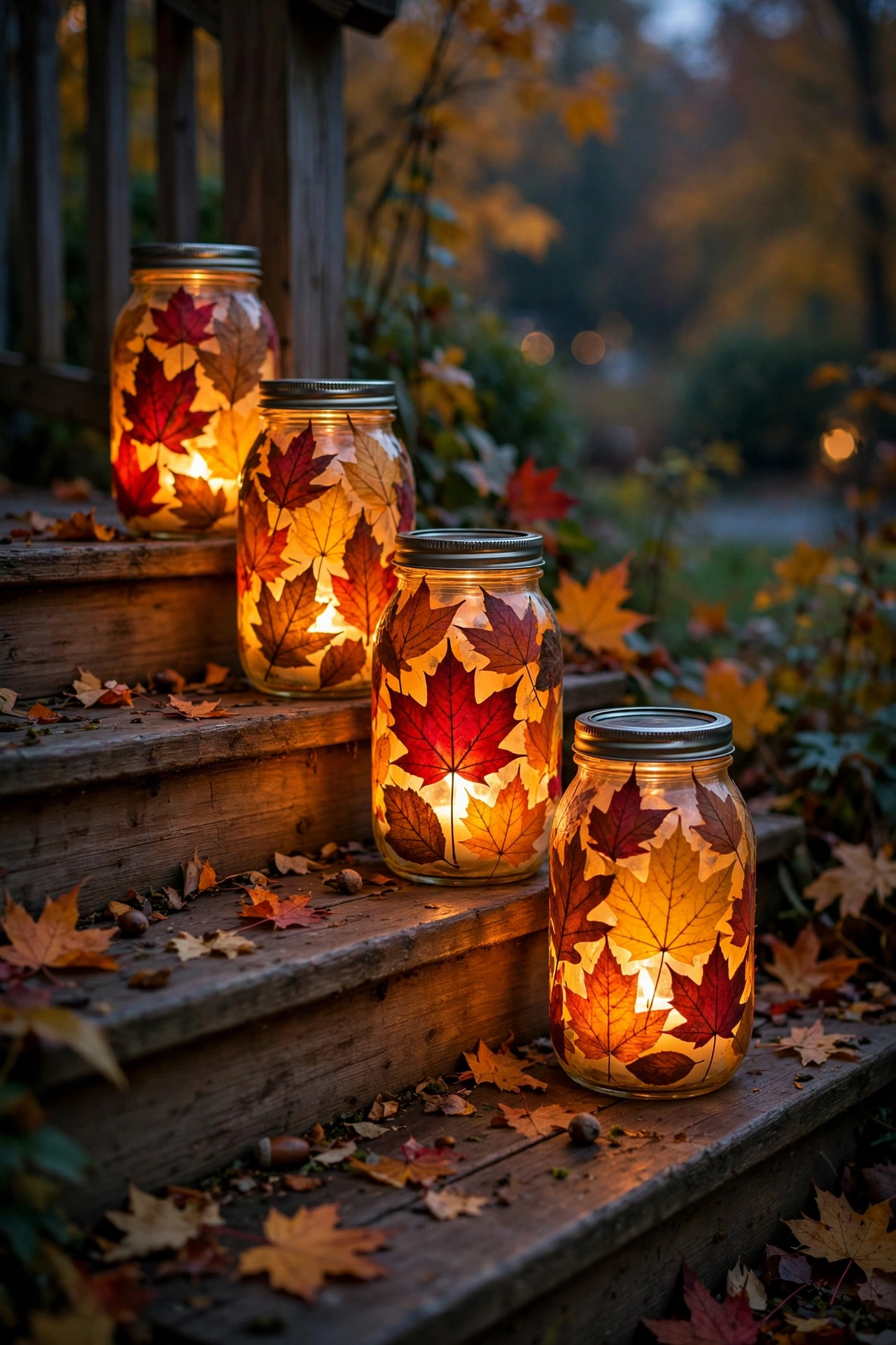 mason jars covered in pressed fall leaves glowing with tea lights on porch steps at dusk