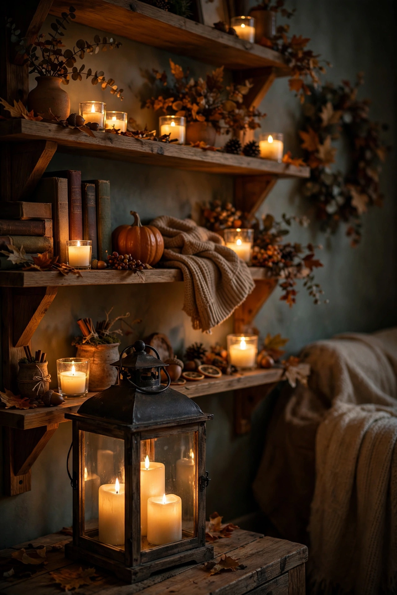 Battery candles glowing in a lantern and on shelves in a dim fall living room