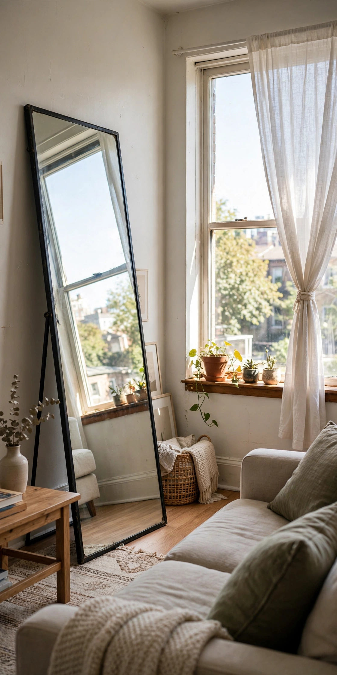 Tall leaning floor mirror opposite a bright window in a rental living room
