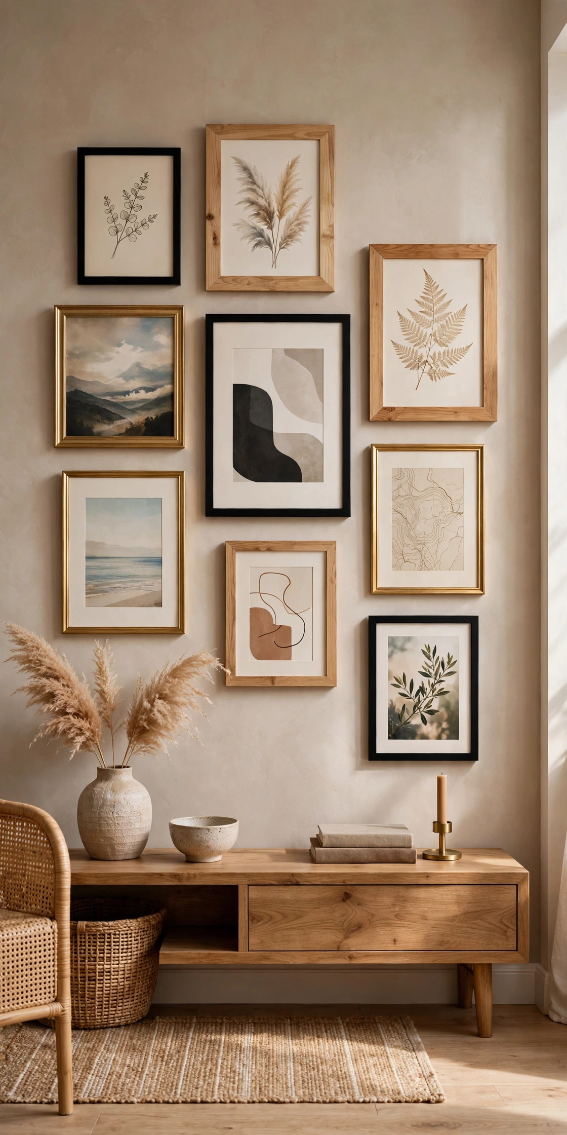 Gallery wall mixing black, wood and gold frames in a cohesive arrangement