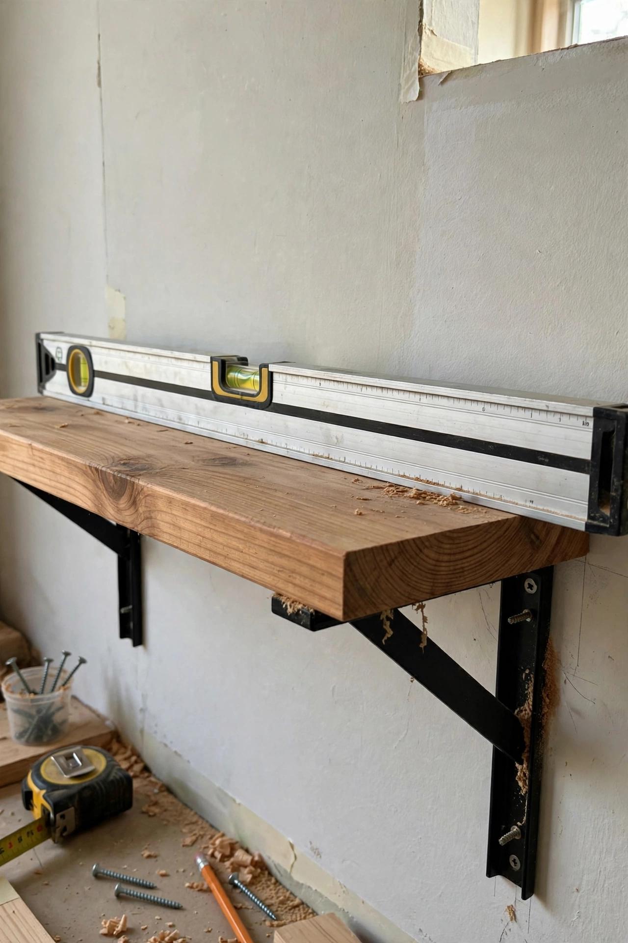 Wooden board set on mounted brackets being checked with a level