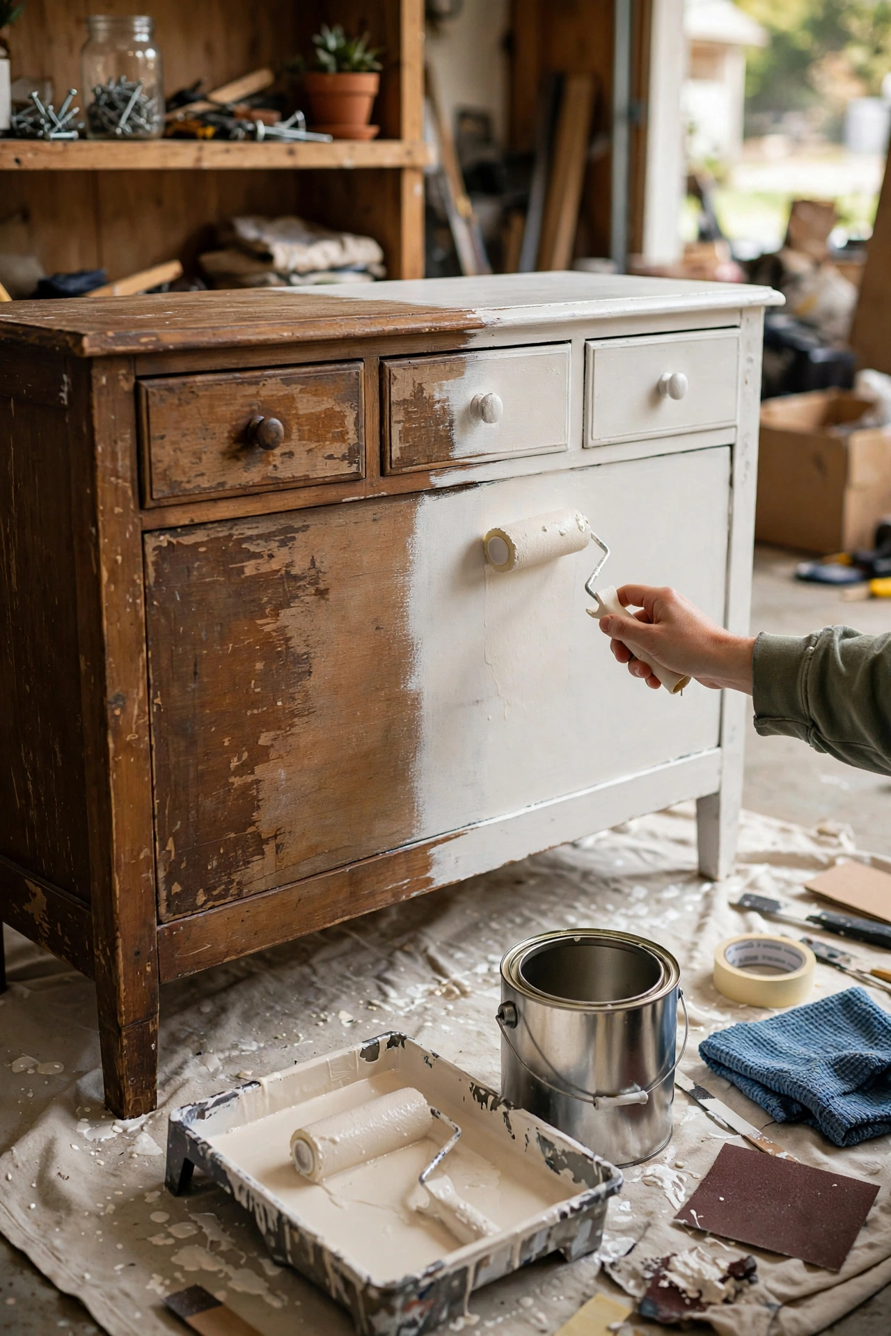 Painting a thrifted console table with warm white satin paint using a foam roller