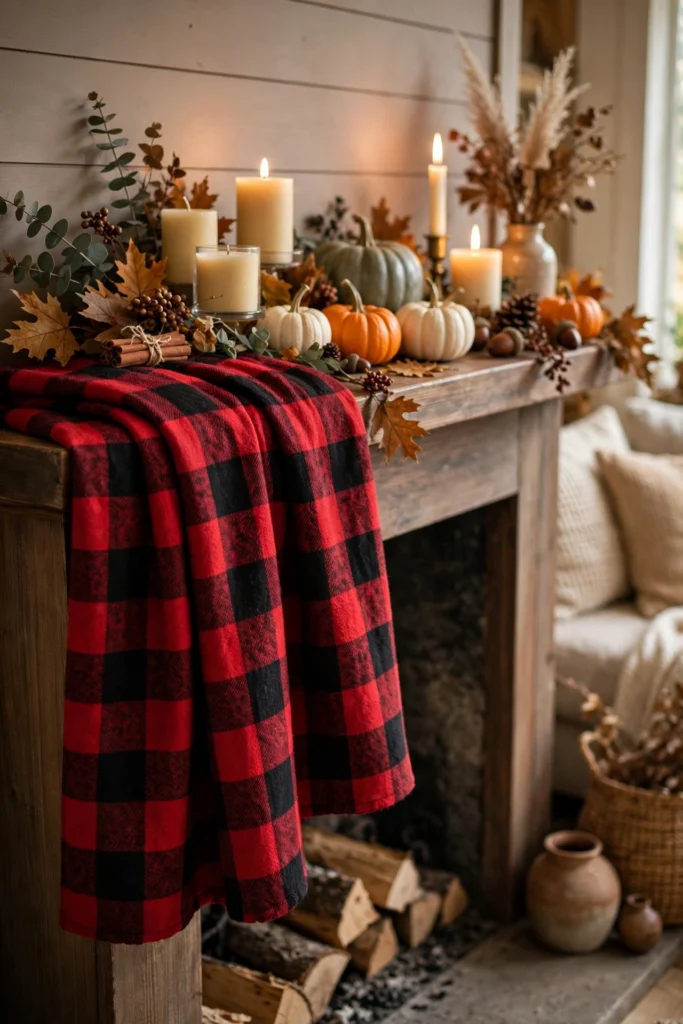 plaid throw blanket draped over the corner of a fall mantel with pumpkins