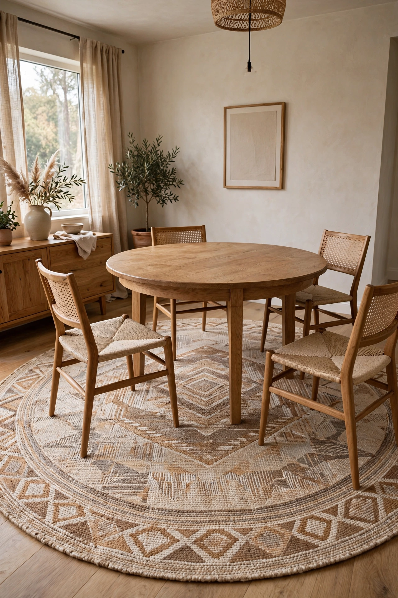 8-foot round flat-weave rug under a dining table with chairs pulled out on it
