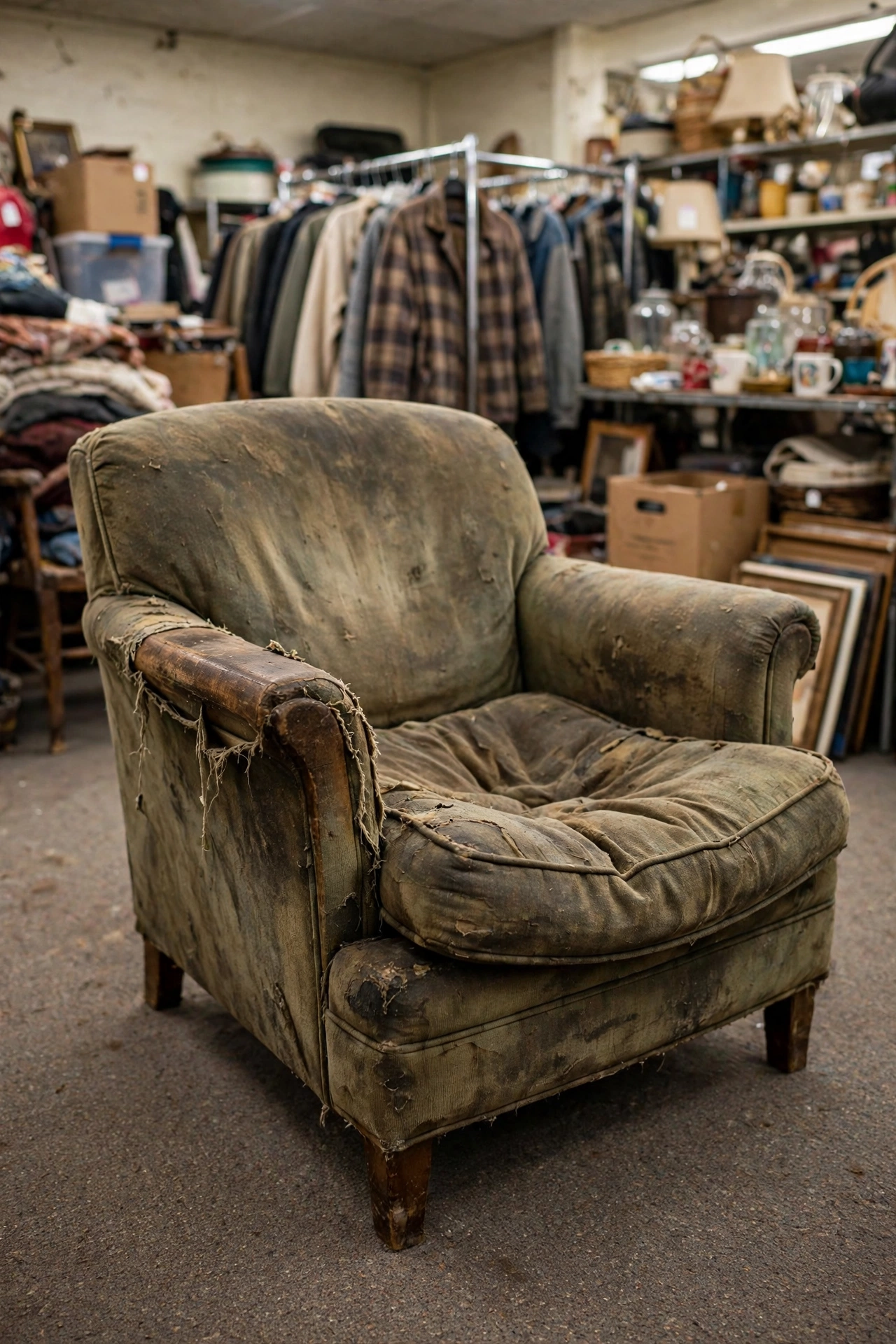 Worn upholstered armchair at a thrift store, a piece to skip
