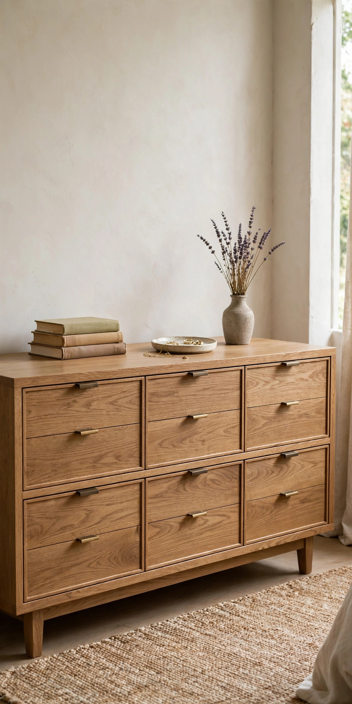 Low oak dresser styled with a small book stack, jewelry dish and lavender vase
