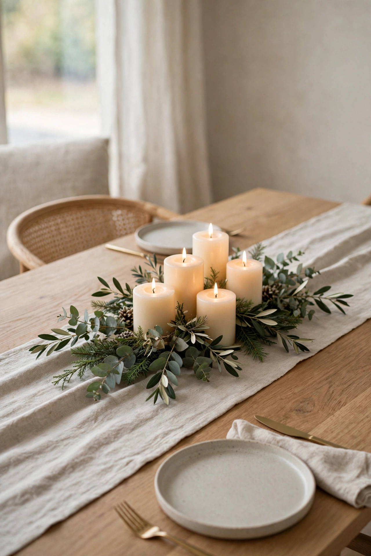 Simple Christmas table with a runner, low candles and greenery sprigs