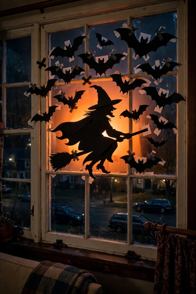 Black paper Halloween silhouettes of a witch and bats glowing in a living room window at night