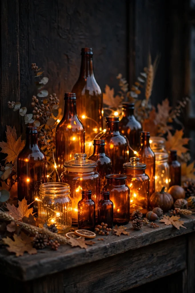 amber glass bottles with warm fairy lights glowing on a fall mantel at dusk