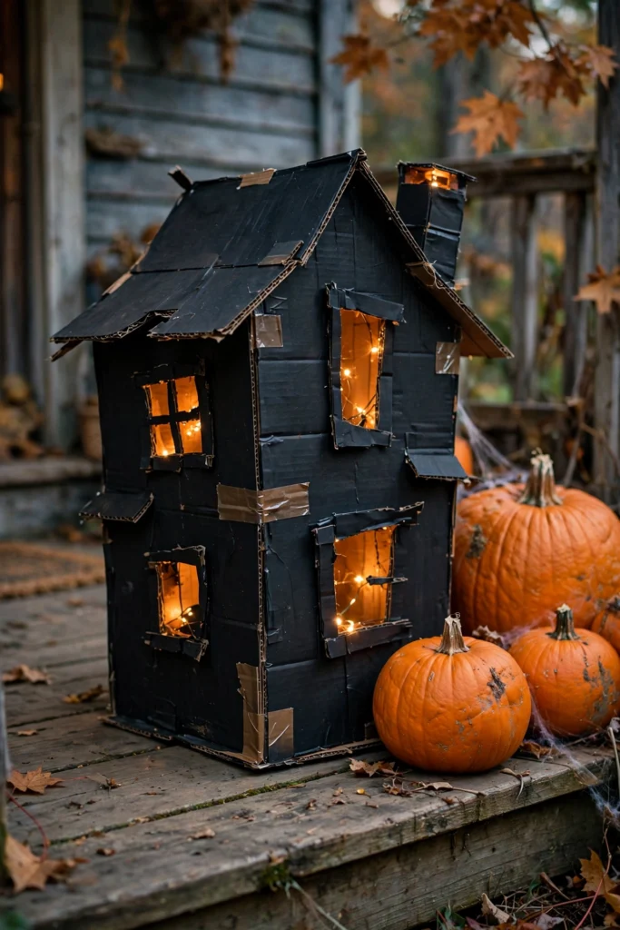 Cardboard haunted house painted black with glowing windows, displayed on a porch with pumpkins