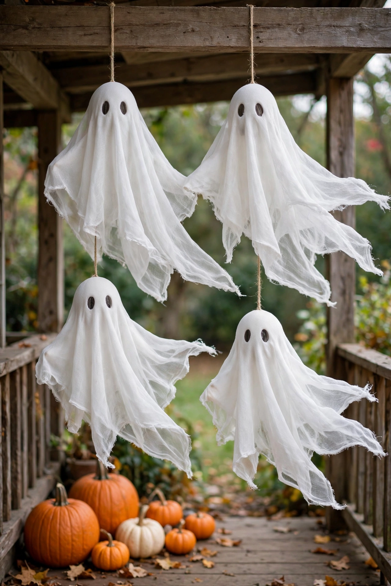 White cheesecloth ghosts hanging from a porch beam, drifting slightly in the breeze