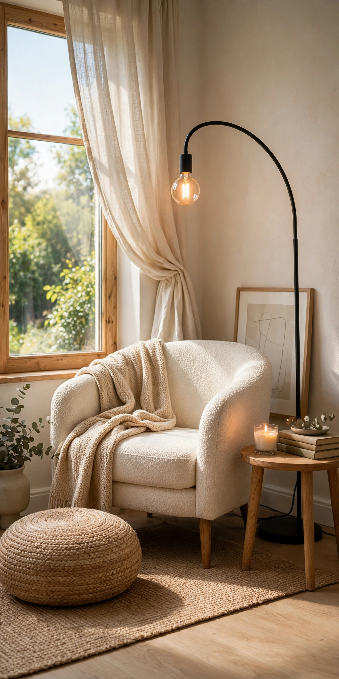 Cozy reading corner by a window with cream accent chair, jute pouf and floor lamp