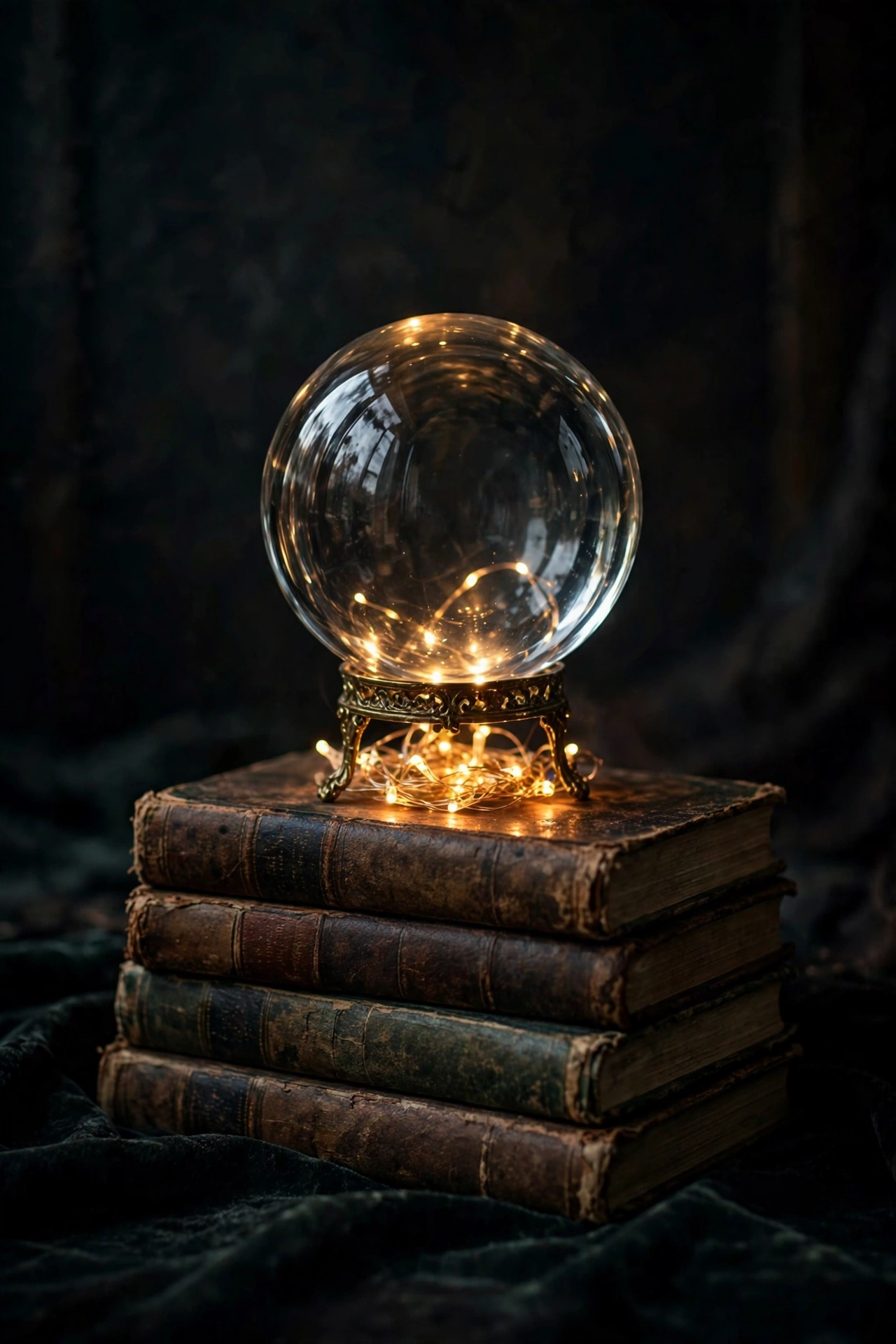 Glass crystal ball glowing over fairy lights on a small stand