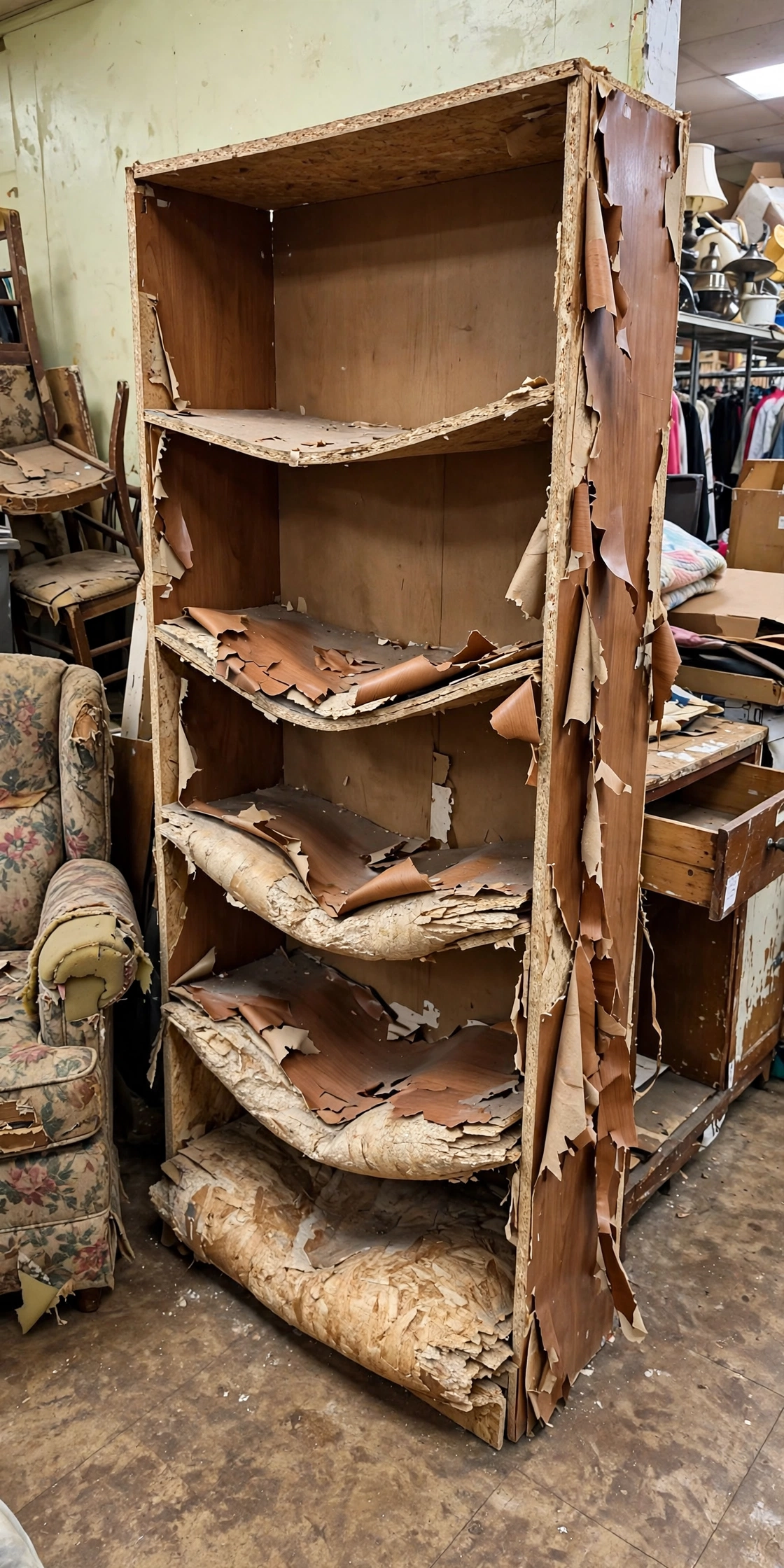 Warped swollen particle board shelf at a thrift store, damaged piece to skip