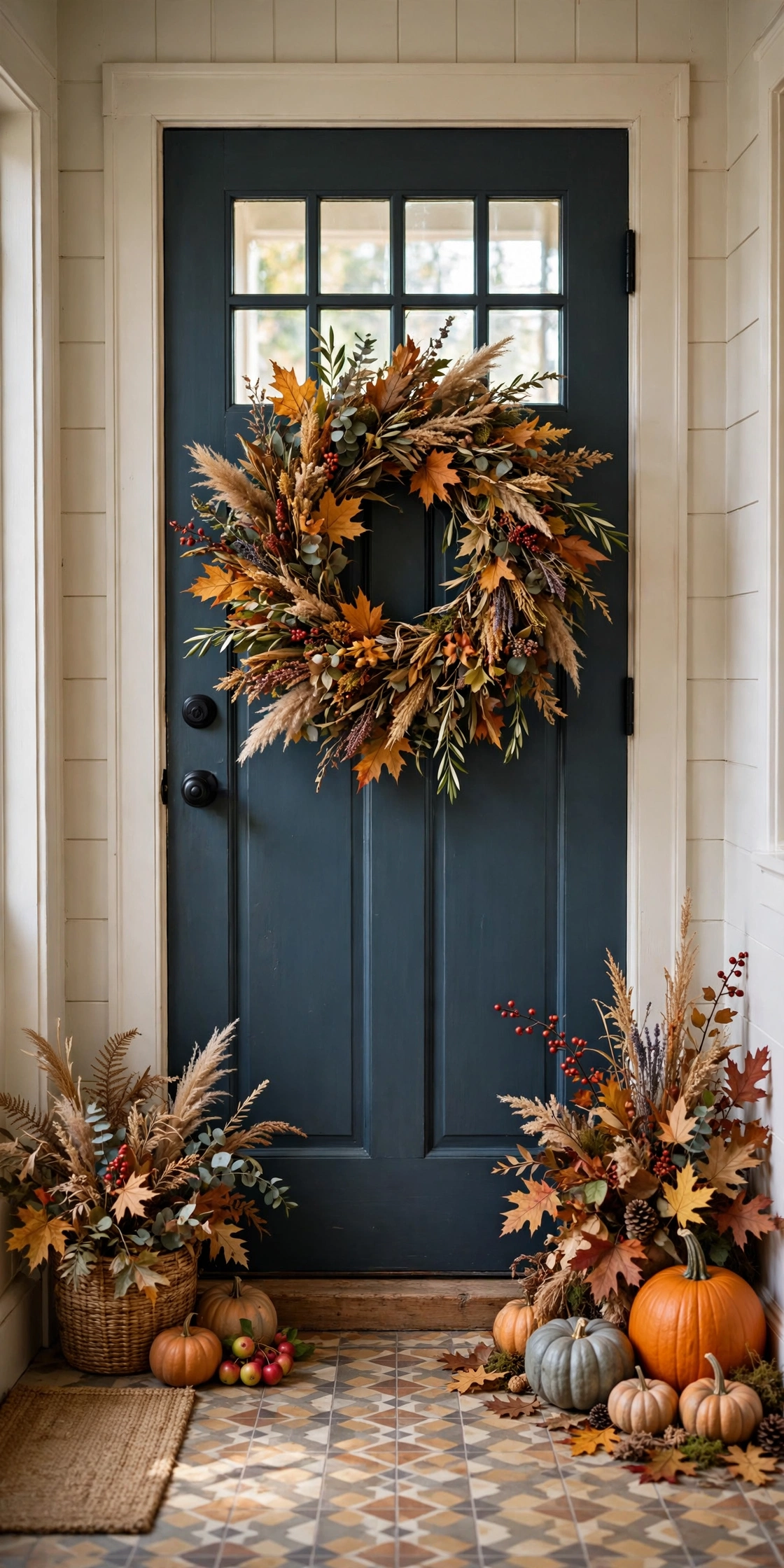 Front door with a lush fall wreath, pumpkins and autumn foliage beside it