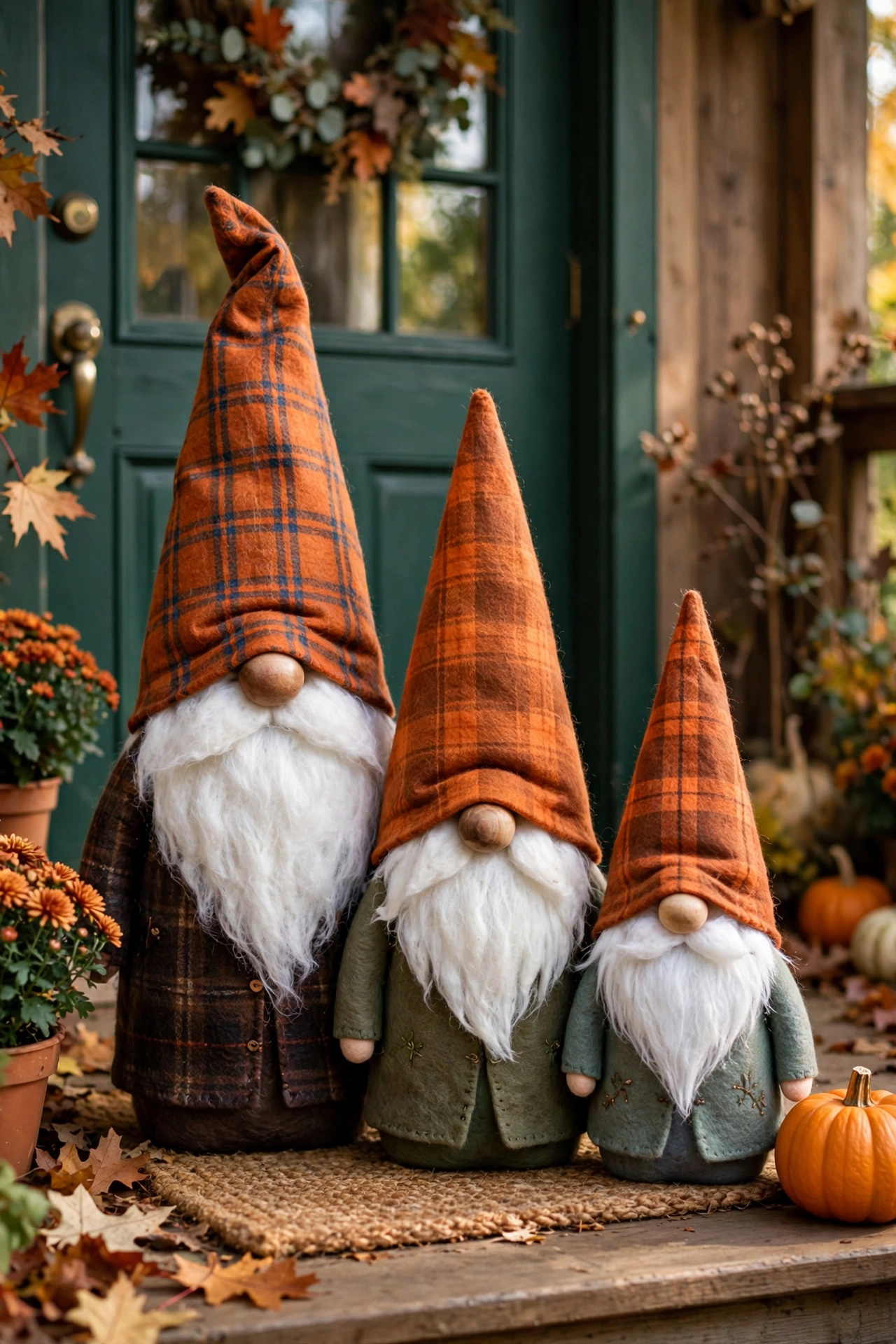 three handmade felt gnomes in fall colors standing by a front door with a small pumpkin