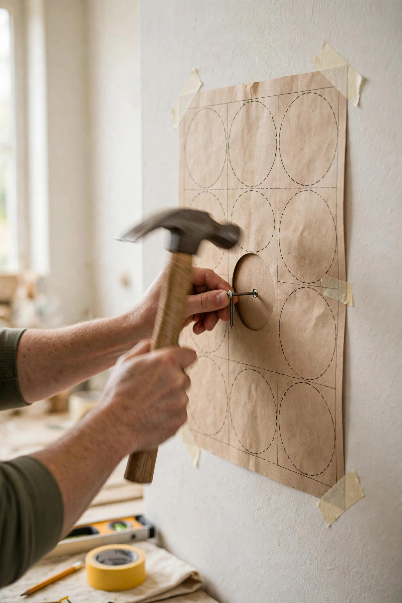 Hands hammering a nail through a paper template on the wall