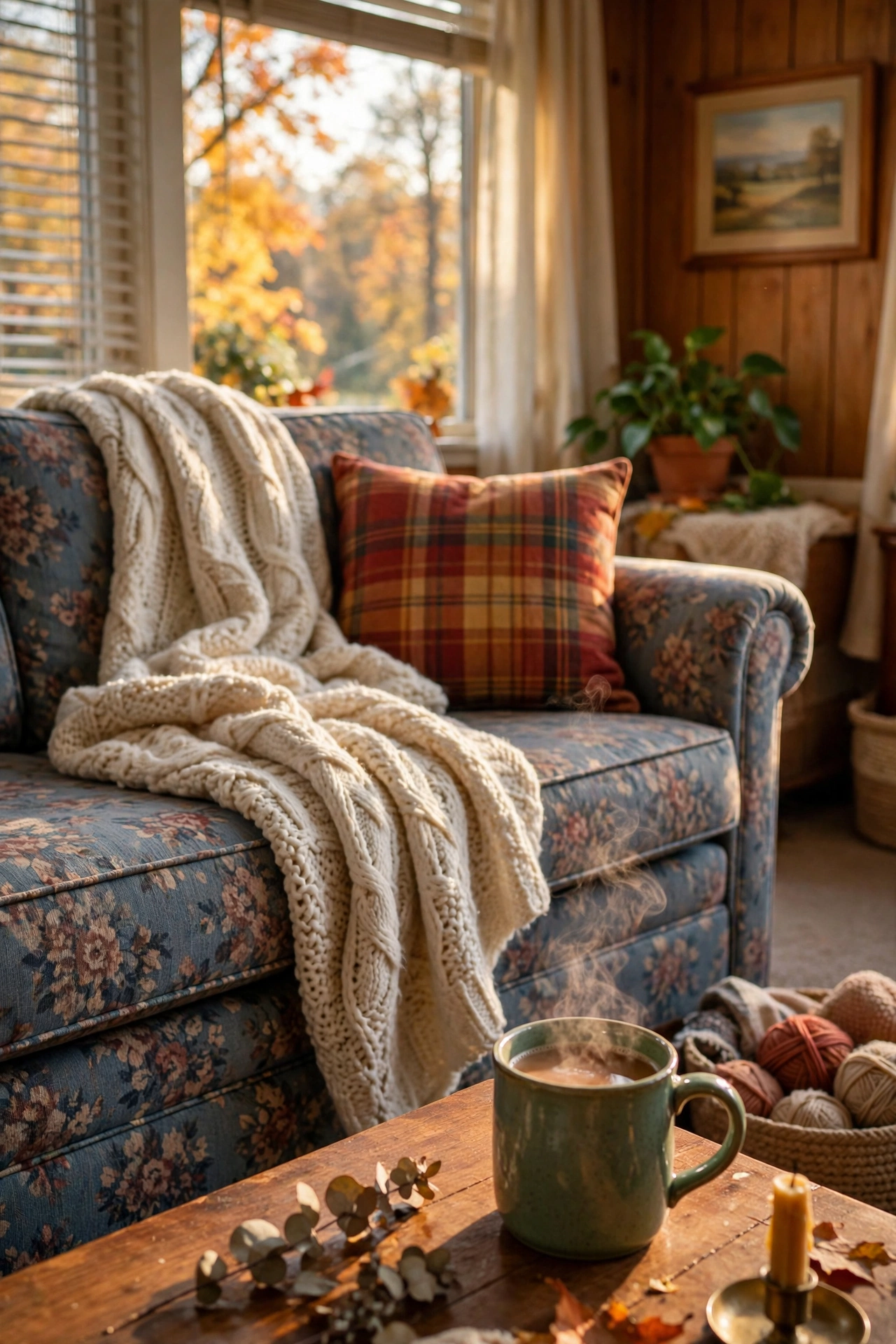 Cream chunky knit throw blanket draped over a 90s-style couch arm beside a steaming mug