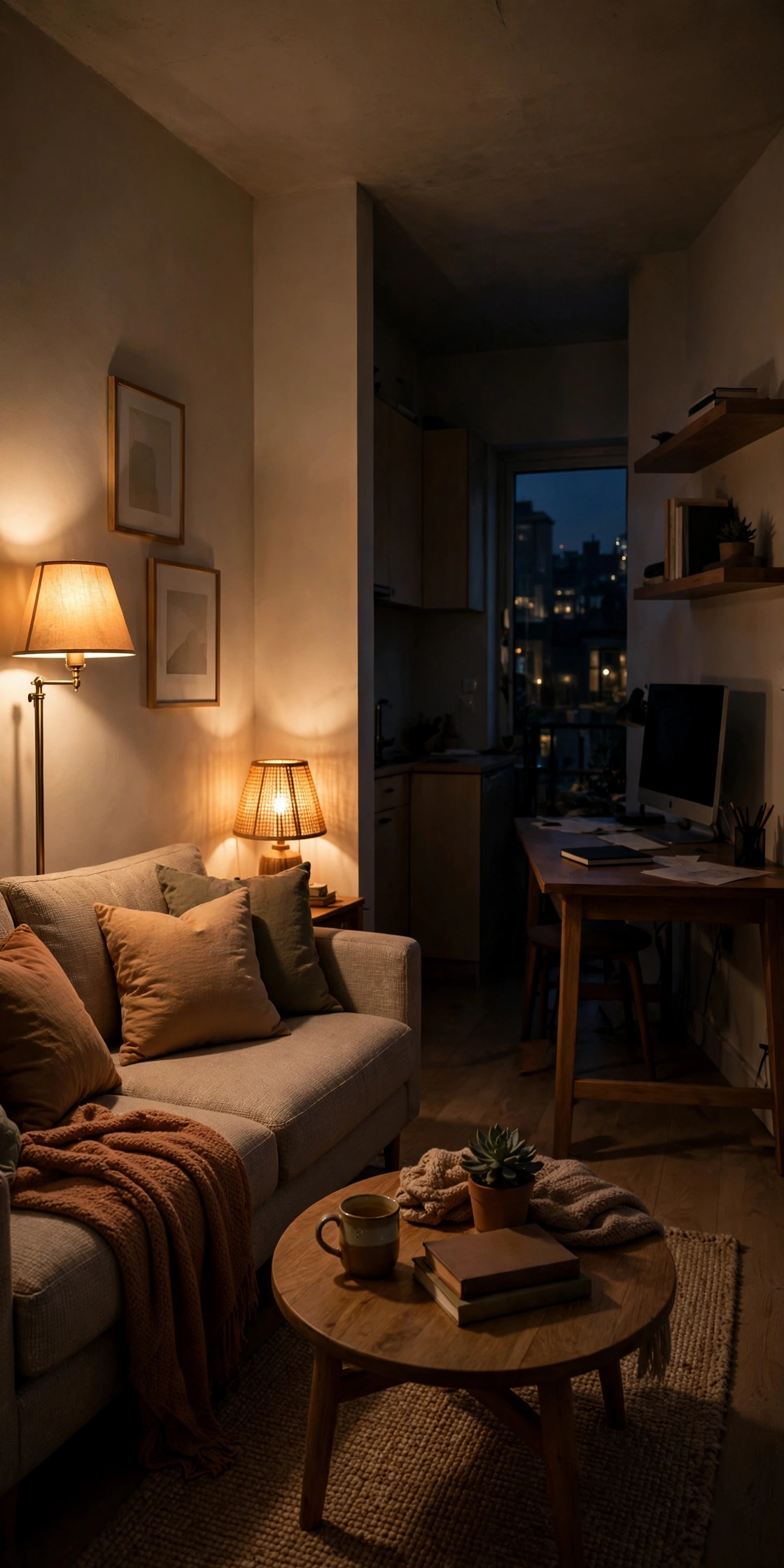 Studio apartment with separate warm lamps glowing in the living zone while the desk sits dark