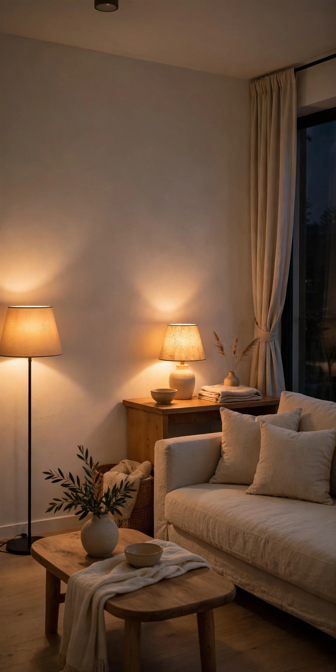 Evening living room lit by warm floor lamp and table lamp with ceiling light off