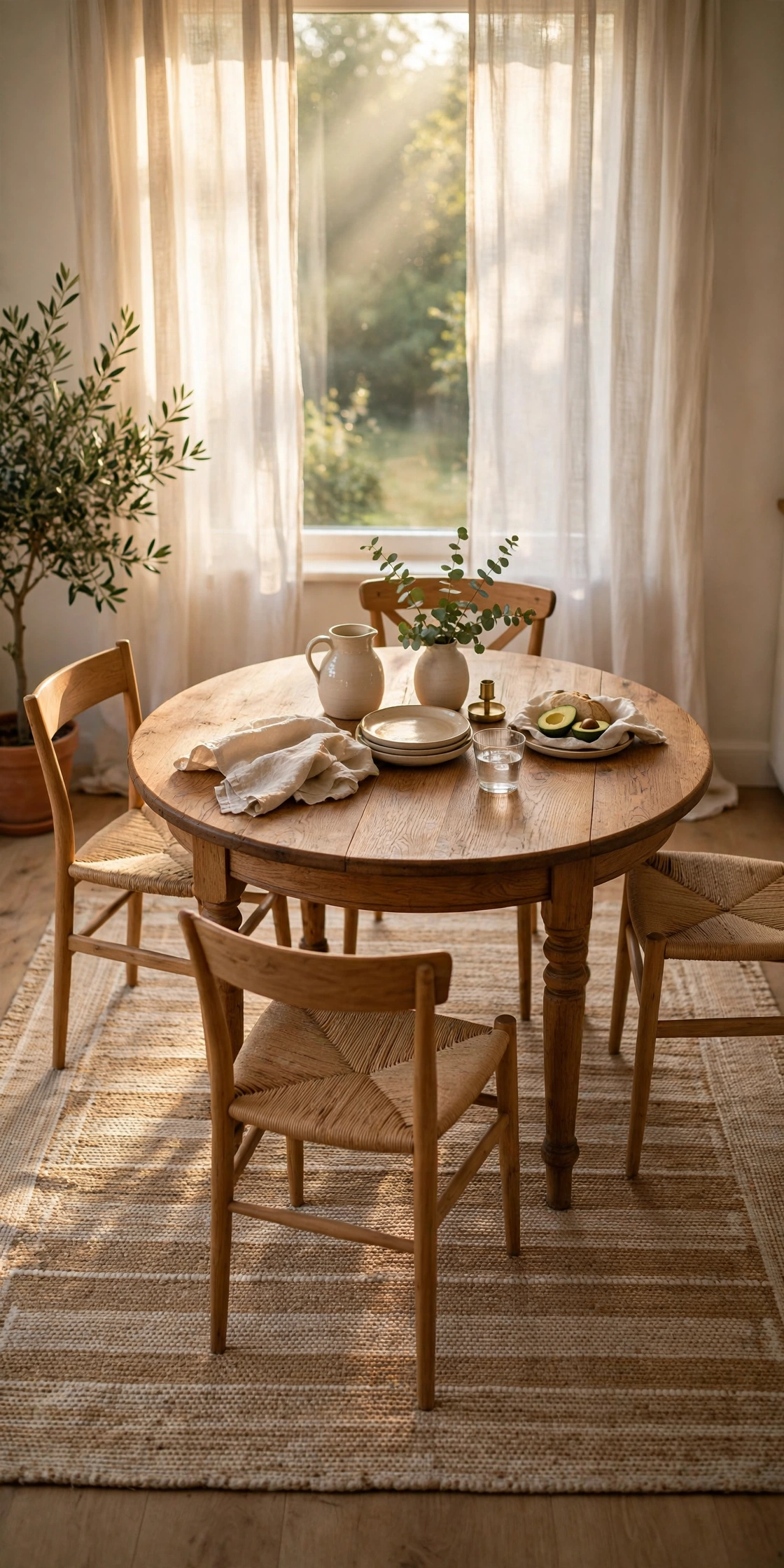 Flat-weave rug under a round table defining a cozy dining zone