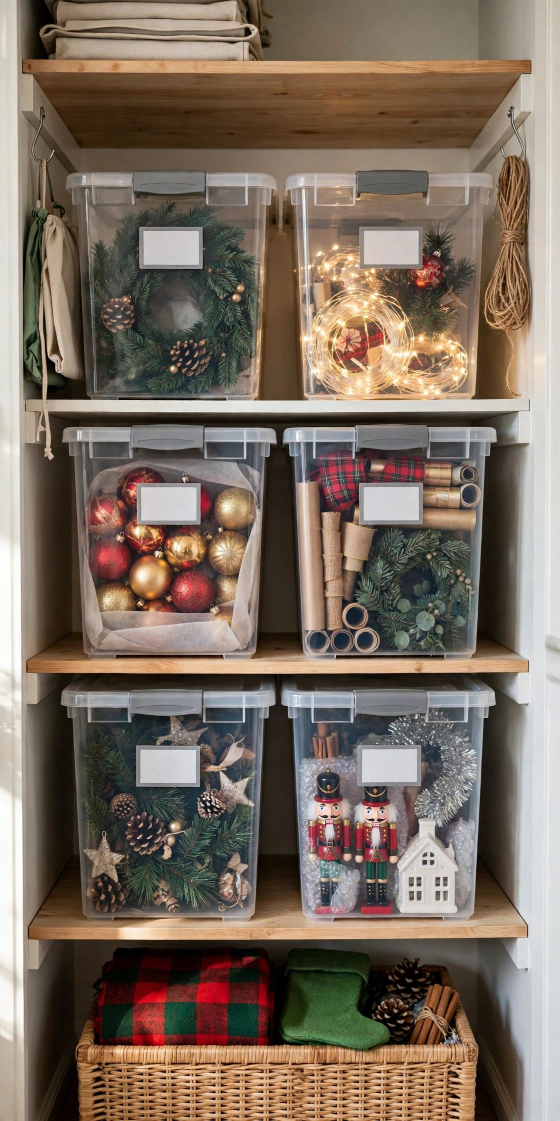 Labeled storage bins for Christmas decor: tree, lights, mantel, table