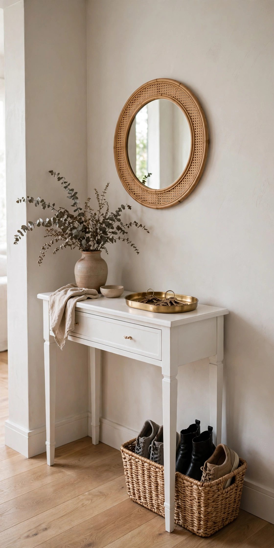Styled entryway corner with painted console, key tray, vase, wall mirror and basket