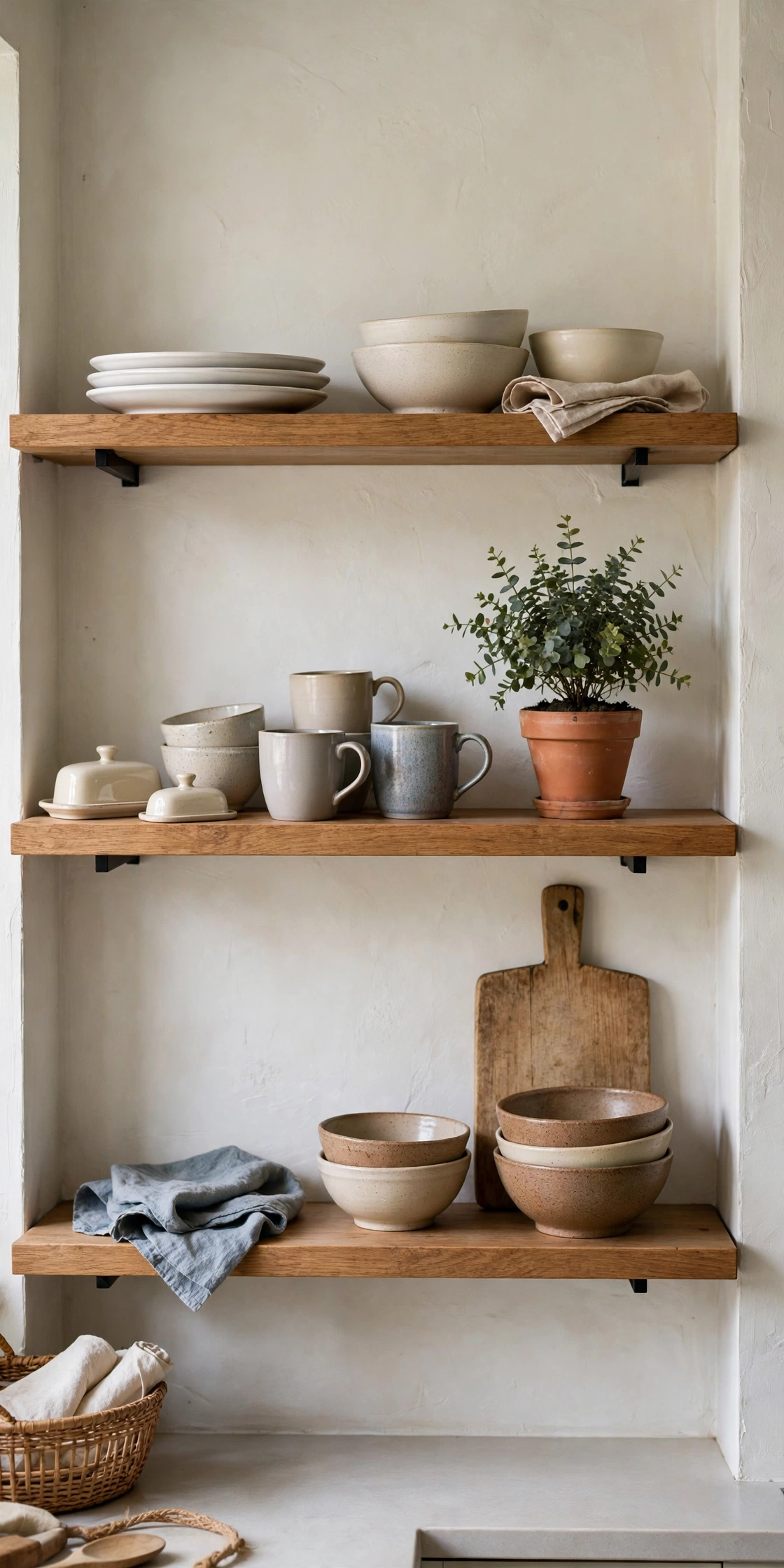Styled open kitchen shelves with everyday dishes, mugs and a small plant